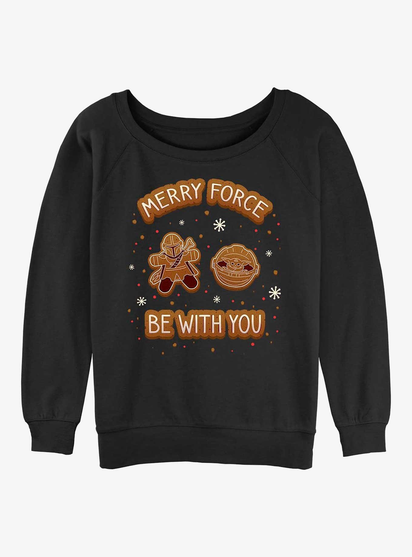 Star Wars The Mandalorian Merry Force Gingerbread Cookie Womens Slouchy Sweatshirt, BLACK, hi-res