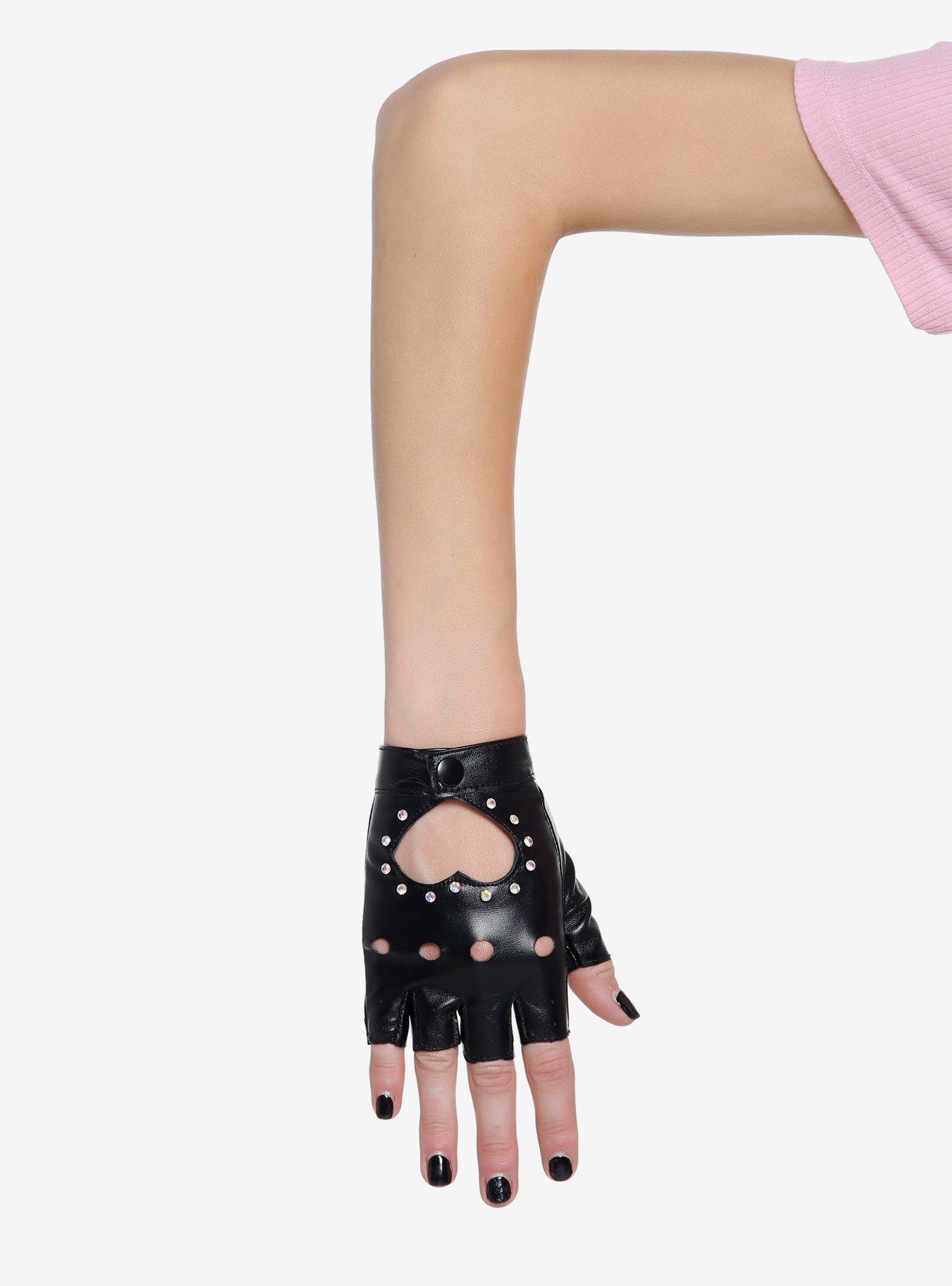 Rhinestone Heart Cutout Moto Fingerless Gloves, , hi-res