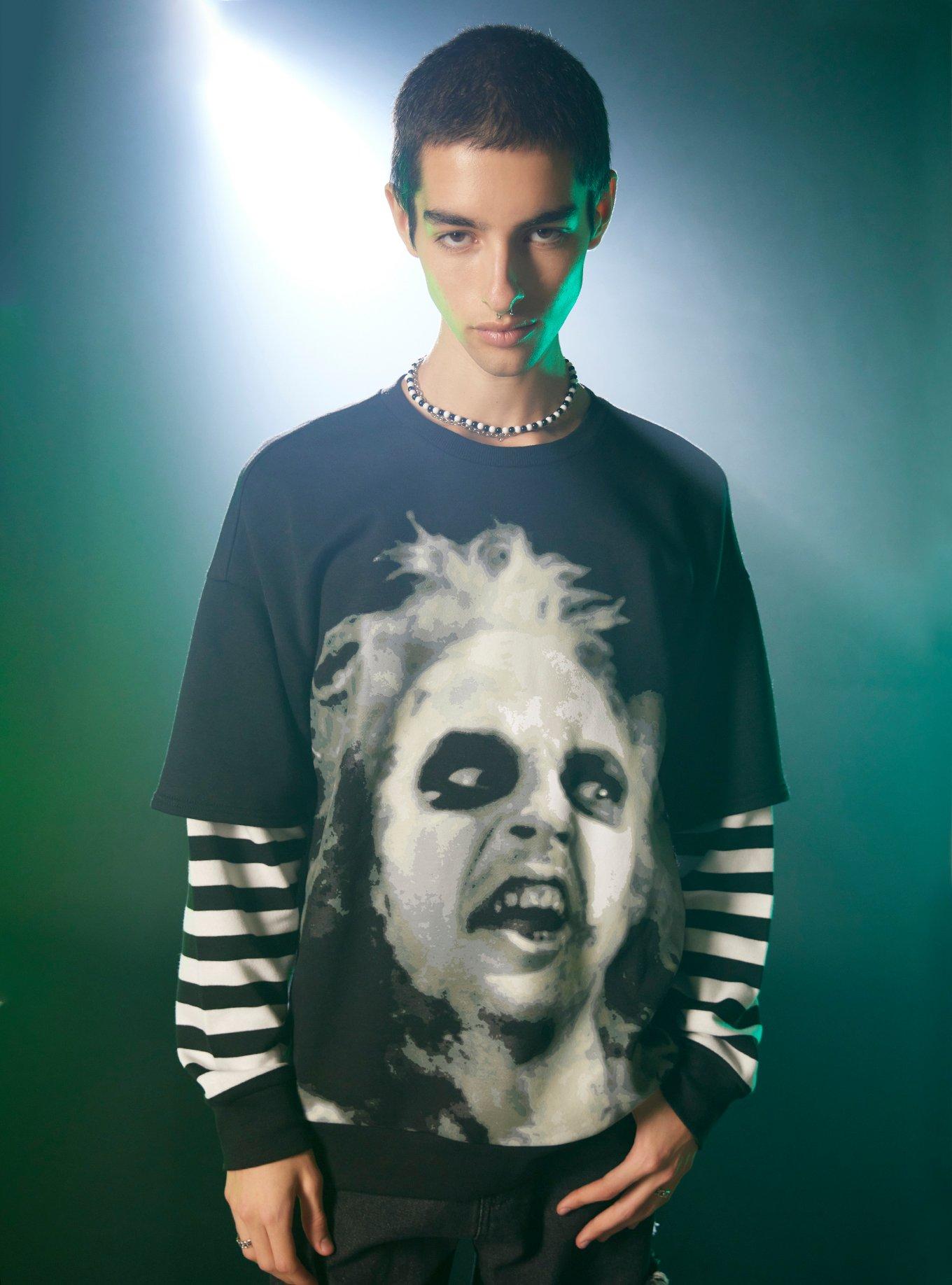 Beetlejuice Jumbo Portrait Stripe Twofer Sweatshirt, BLACK, hi-res