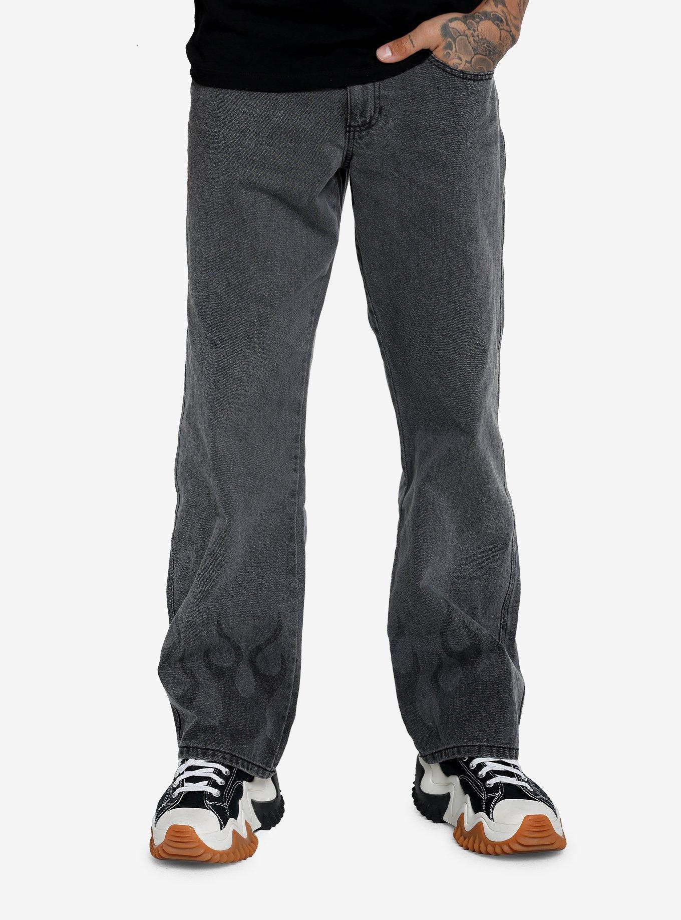 Grey Black Flame Straight Leg Denim Pants, BLACK, hi-res
