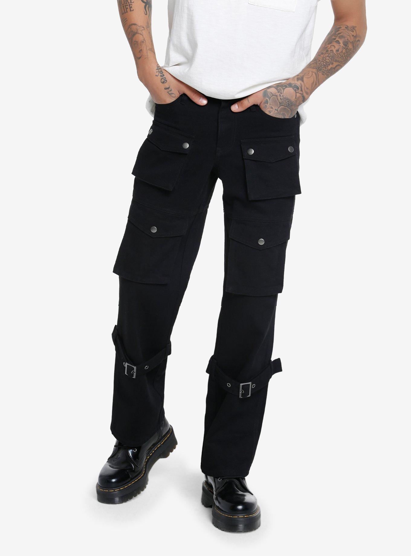 Black Cargo Buckle Straight Leg Pants, BLACK, hi-res