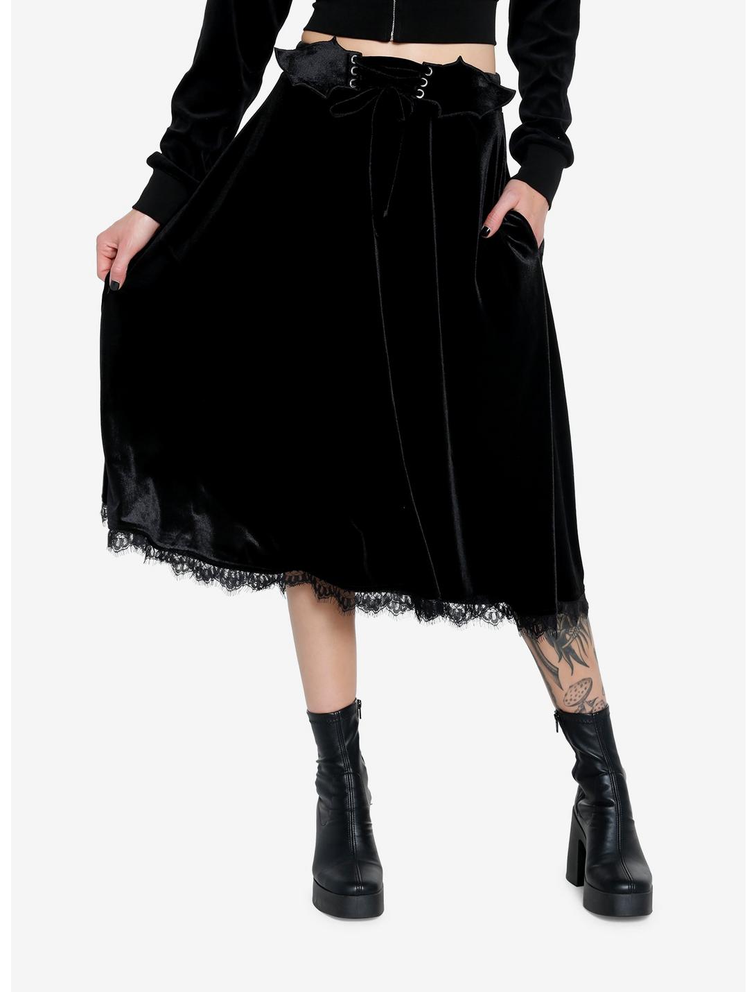 Cosmic Aura Black Bat Velvet Midi Skirt, BLACK, hi-res