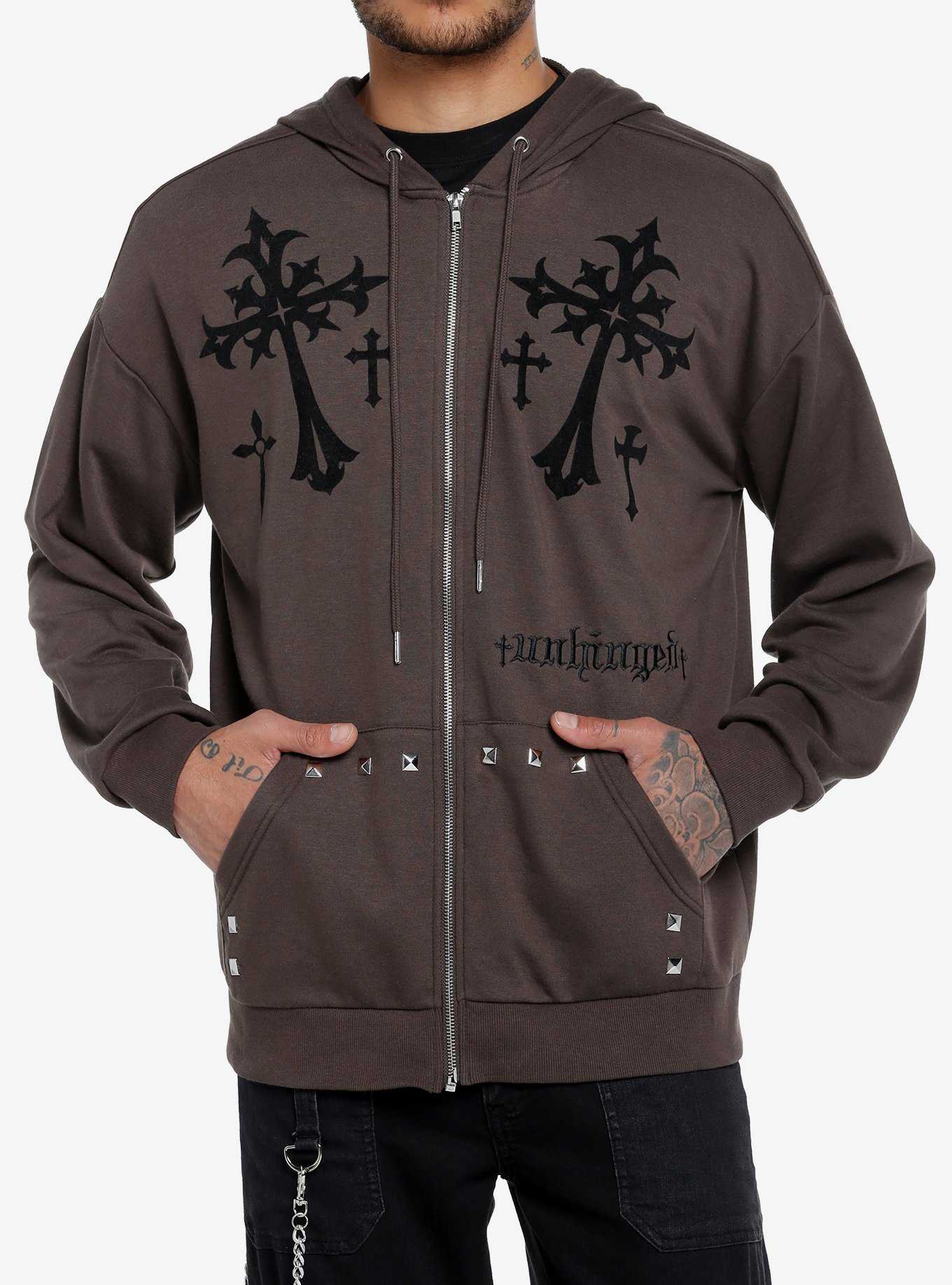 Social Collision® Gothic Cross Studded Hoodie, , hi-res