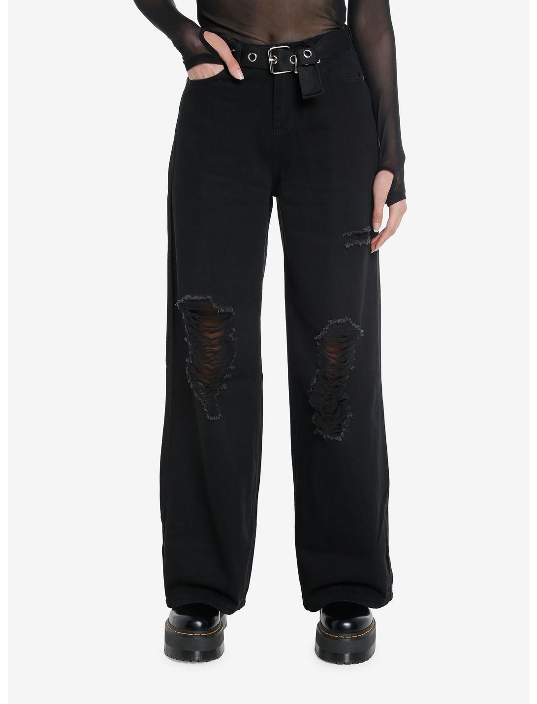 Black Distressed Straight Leg Pants With Belt | Hot Topic