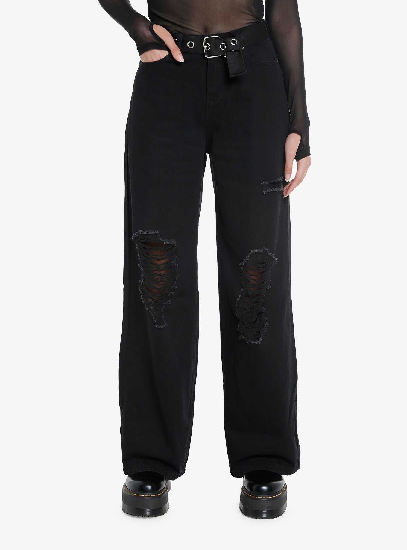 Black Distressed Straight Leg Pants With Belt, , hi-res