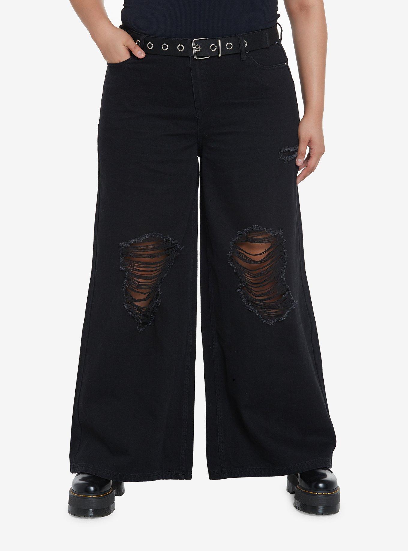 Social Collision Black Destructed Straight Leg Pants With Belt Plus Size, BLACK, hi-res