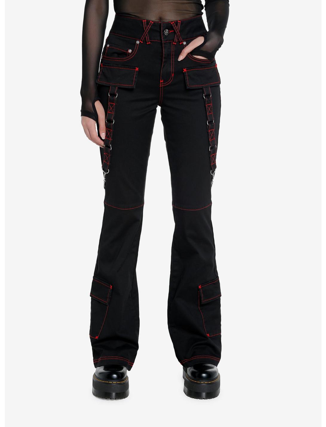Social Collision Black & Red Contrast Stitch Strap Flare Pants, BLACK, hi-res