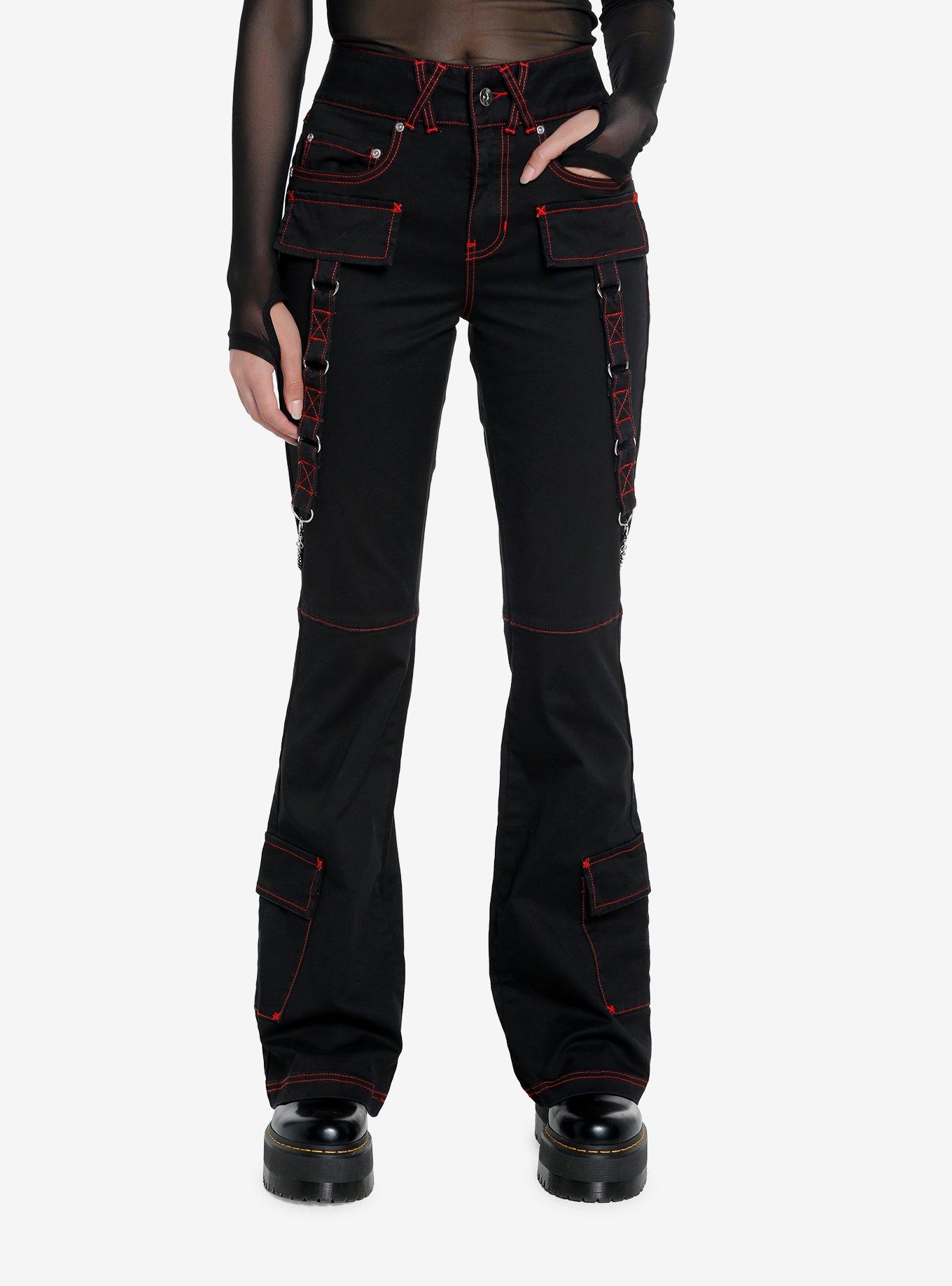Black & Red Contrast Stitch Strap Flare Pants, BLACK, hi-res