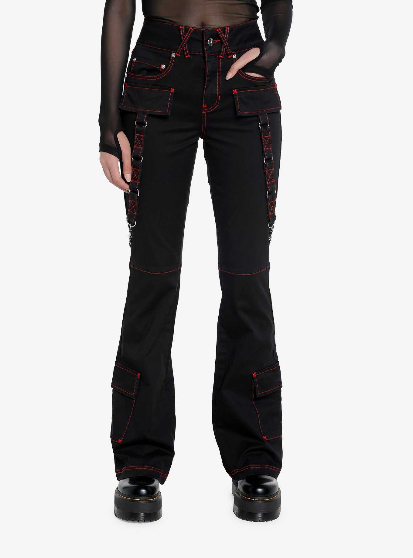 Social Collision Black & Red Contrast Stitch Strap Flare Pants, , hi-res