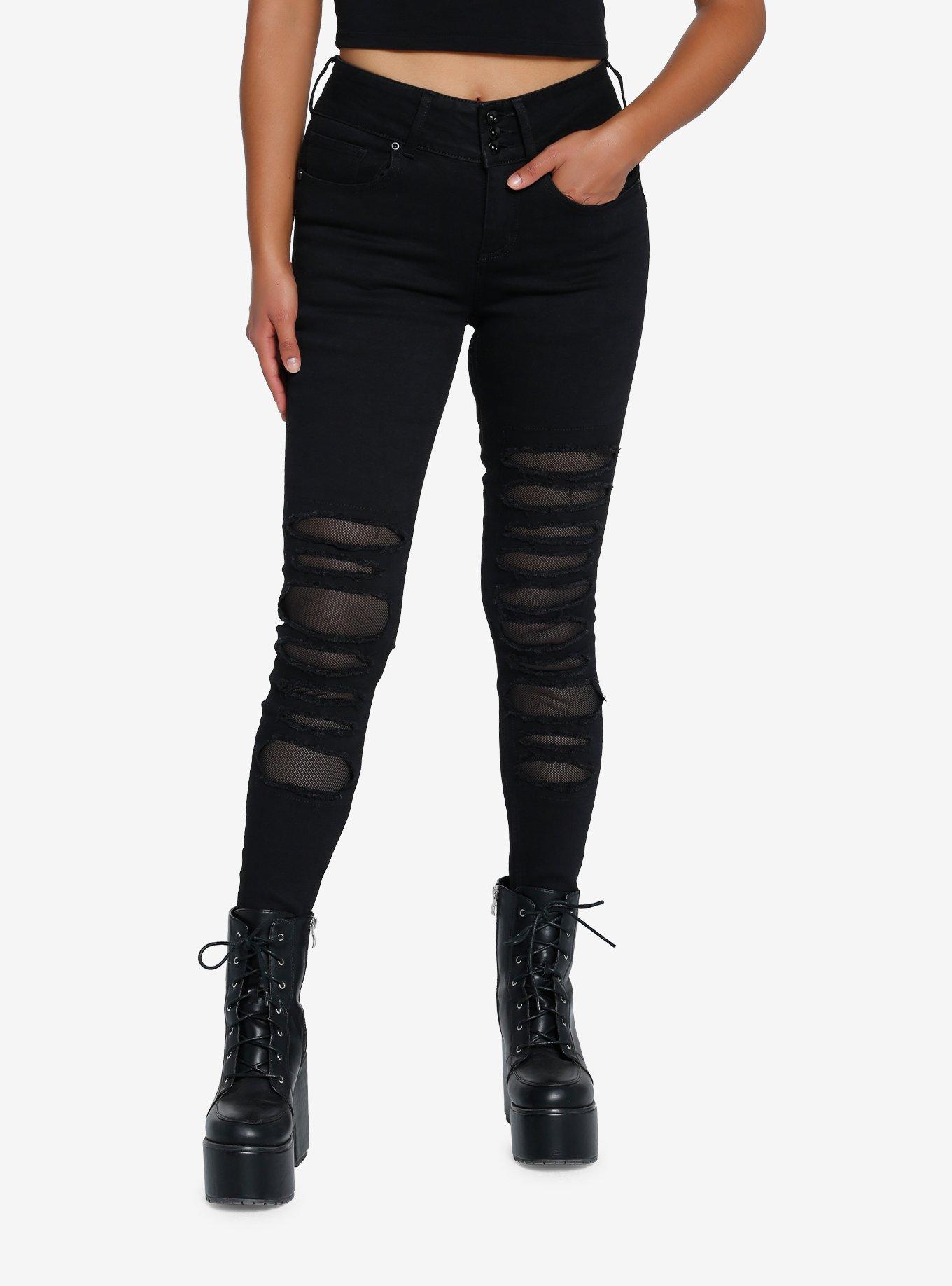 Cosmic Aura Black Destructed Super Skinny Jeans, BLACK, hi-res