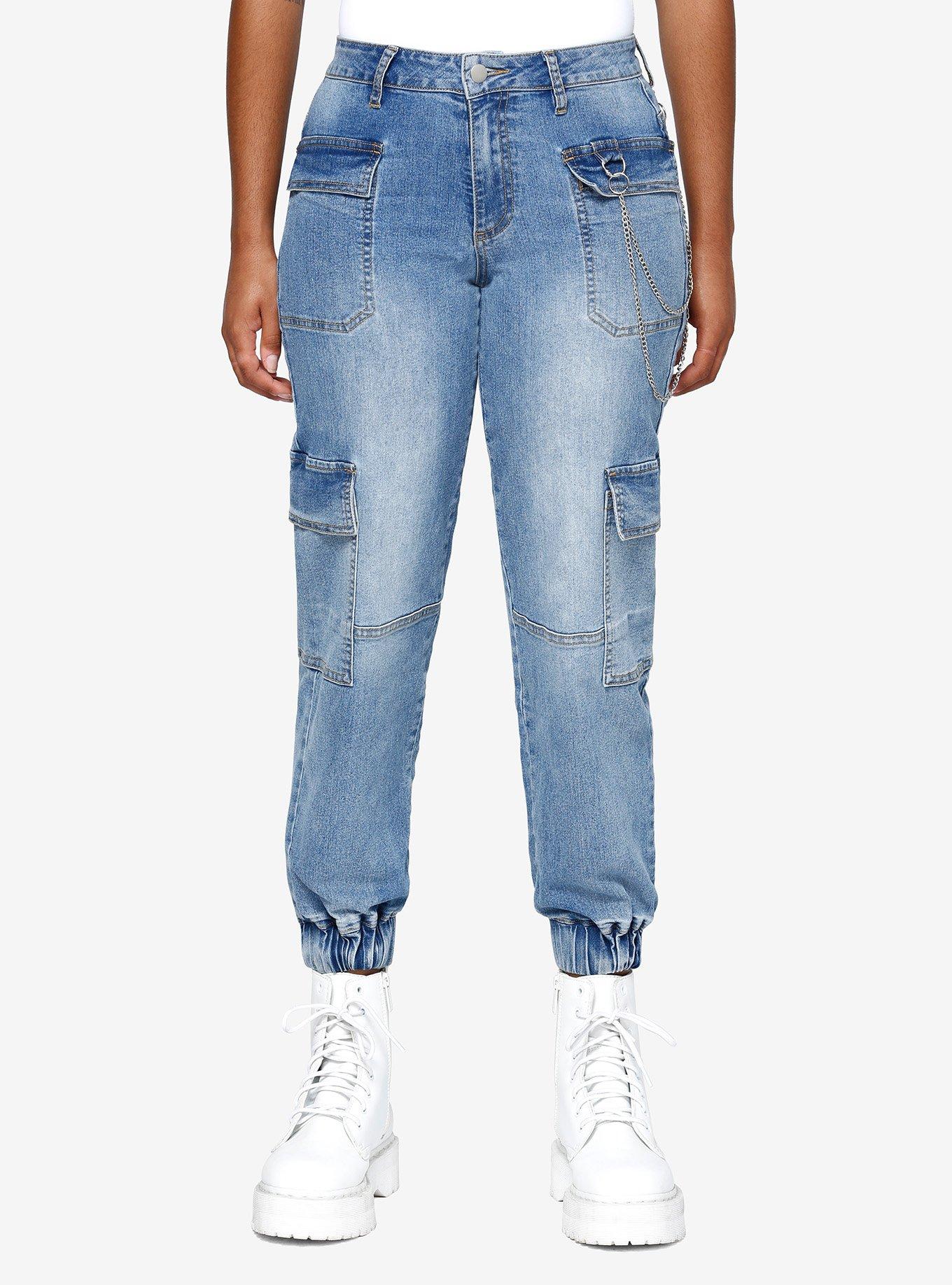 Light Indigo Cargo Side Chain Denim Jogger Pants | Hot Topic