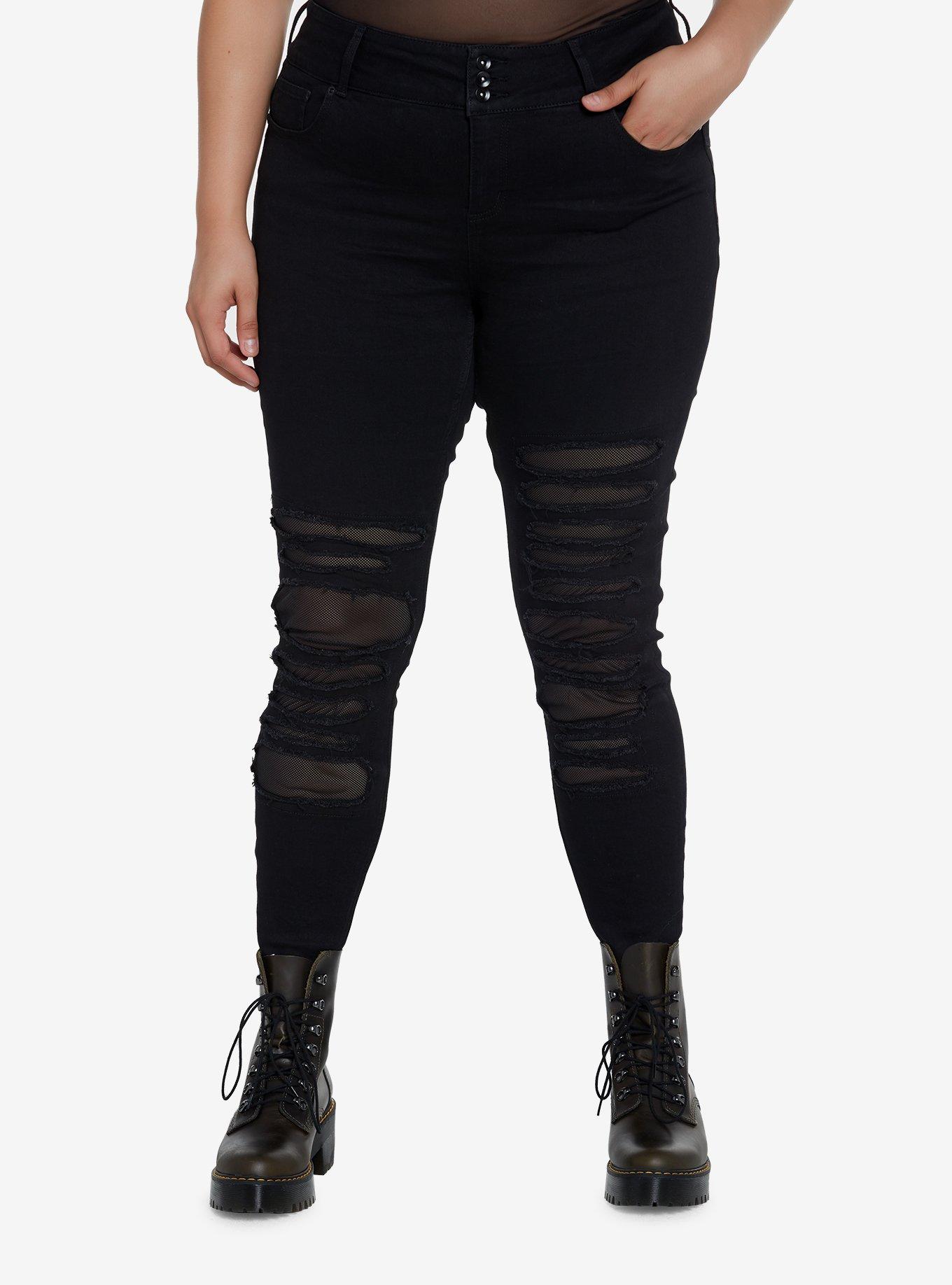 Cosmic Aura Black Destructed Super Skinny Jeans Plus Size, BLACK, hi-res
