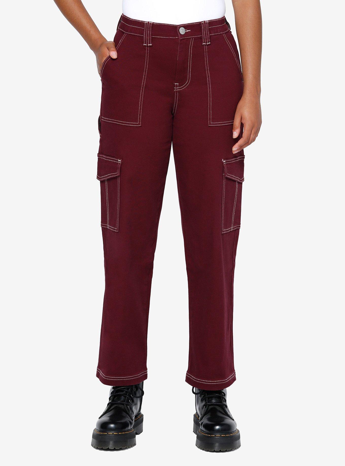 Burgundy Contrast Stitch Girls Cargo Pants, BURGUNDY, hi-res