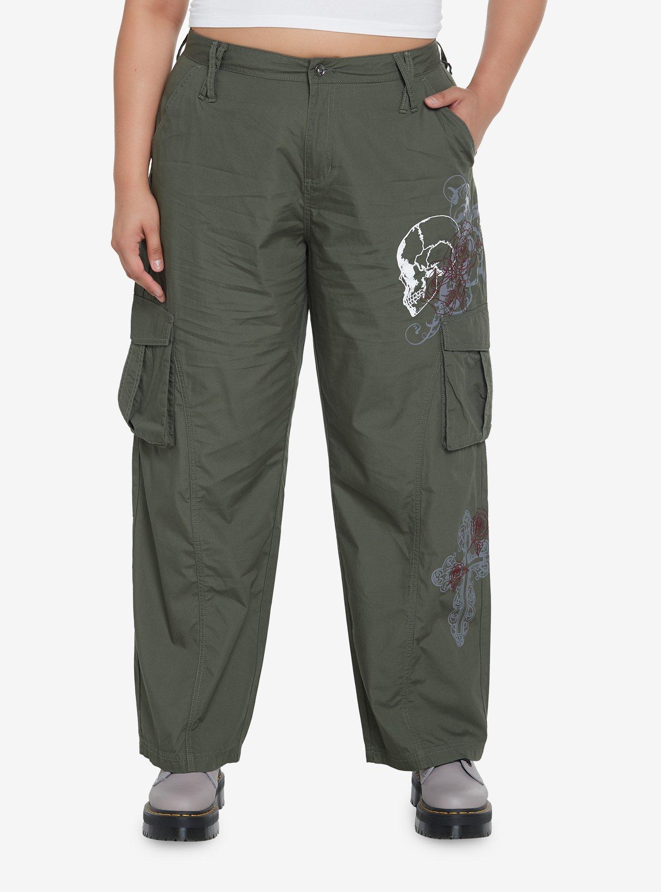 Graffiti Skull Cargo Pants Plus Size, OLIVE, hi-res