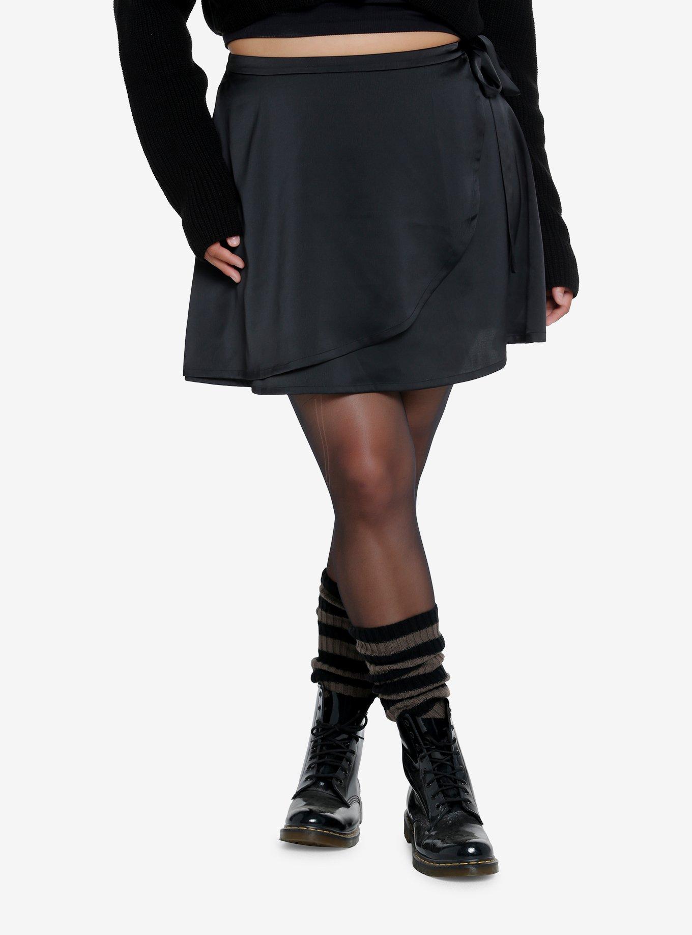 Sweet Society Black Satin Wrap Skirt Plus Size, , hi-res