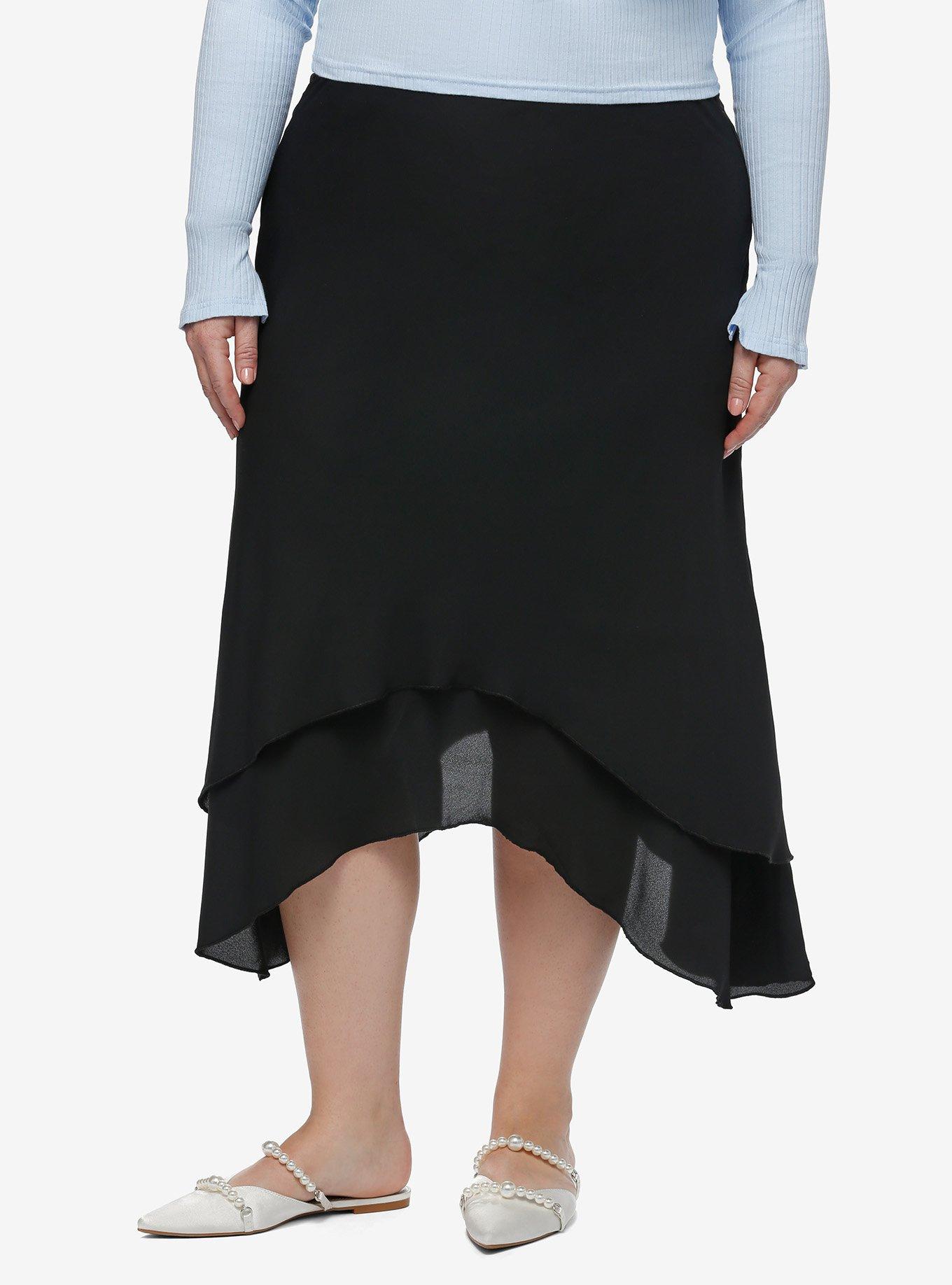 Cosmic Aura Black Asymmetrical Midi Skirt Plus Size, BLACK, hi-res