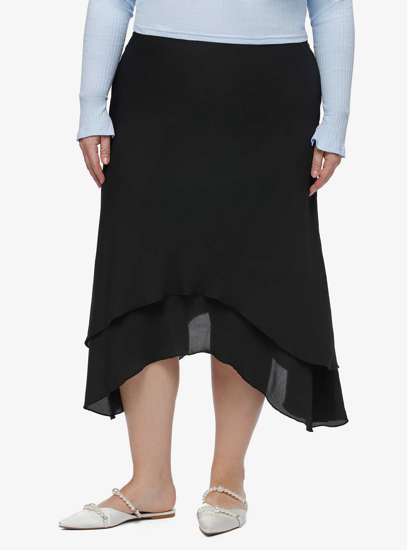 Cosmic Aura Black Asymmetrical Midi Skirt Plus Size, , hi-res
