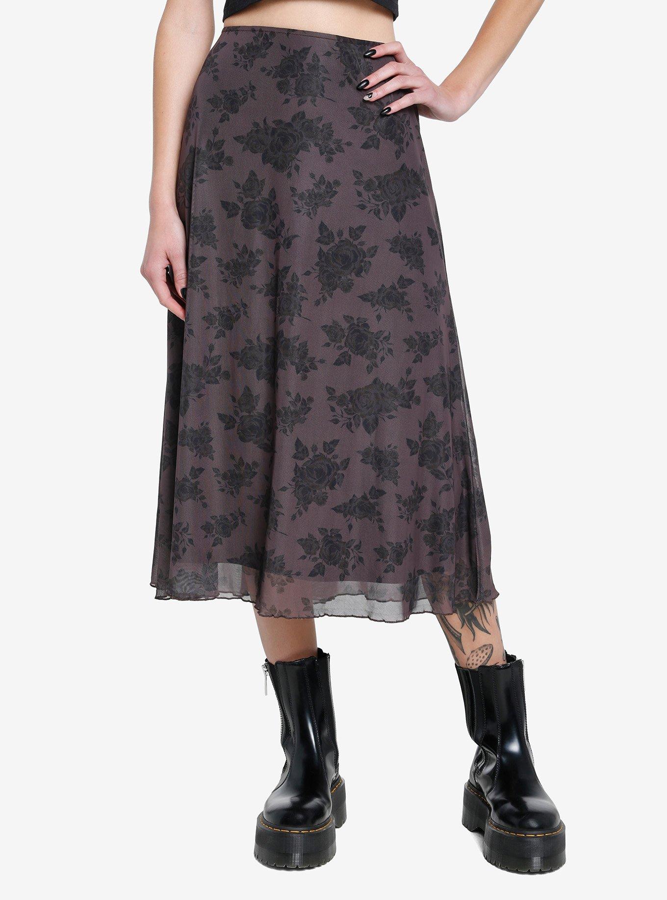 Social Collision Brown Floral Midi Skirt, FLORAL, hi-res