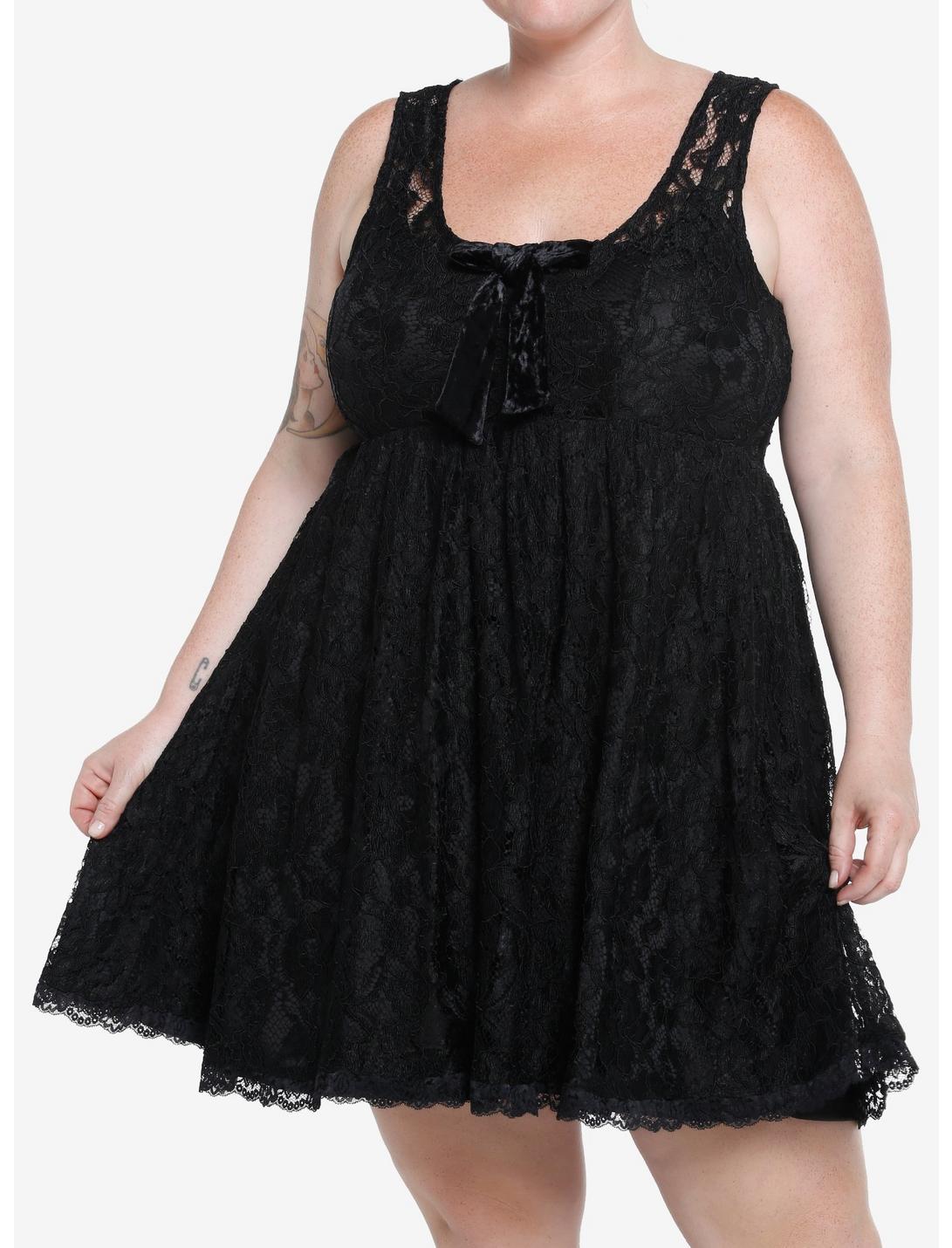 Sweet Society Black Lace Bow Babydoll Dress Plus Size, BLACK, hi-res