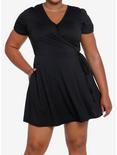 Black Wrap Flared Dress Plus Size, BLACK, hi-res