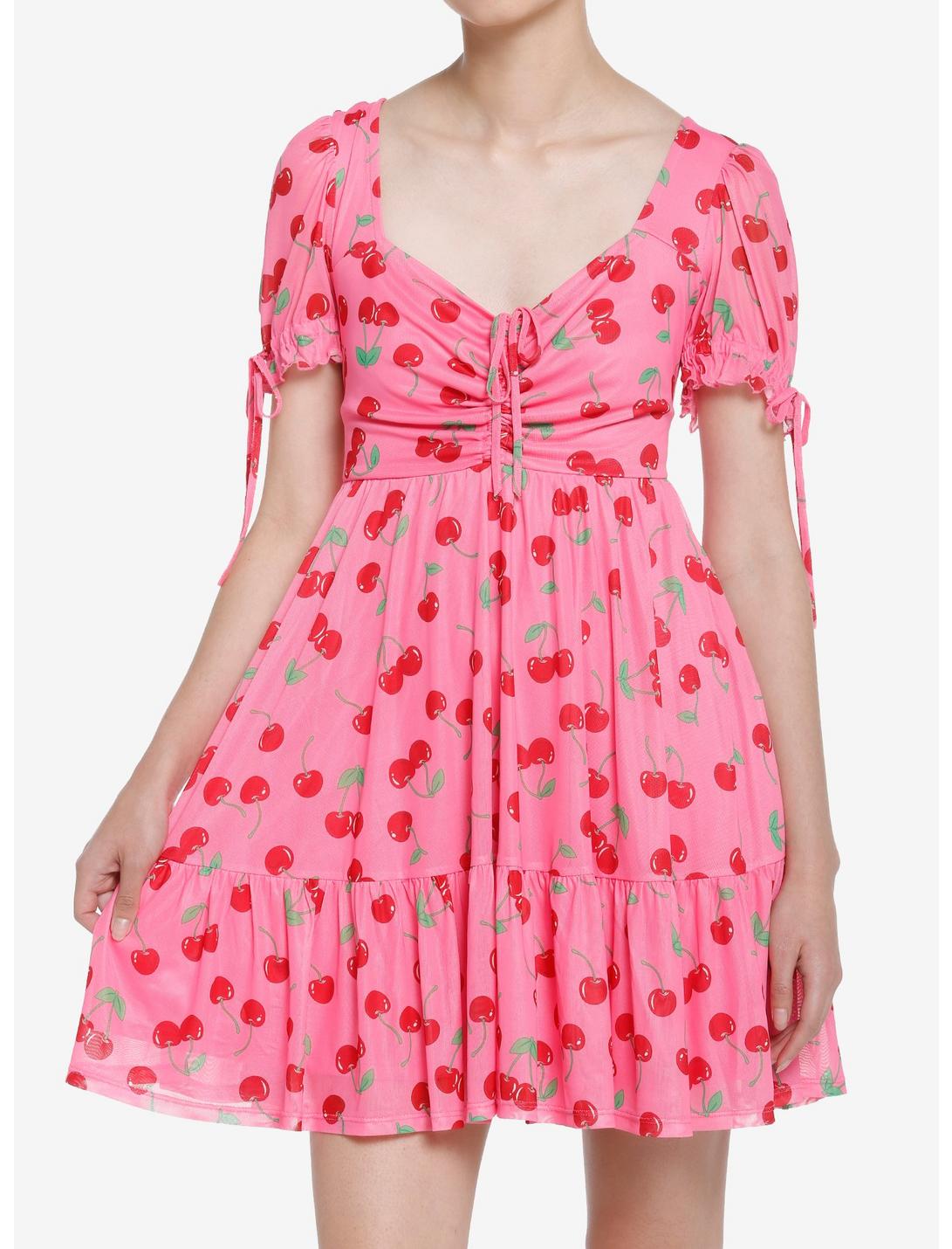Sweet Society Cherries Pink Puff Sleeve Dress, PINK, hi-res