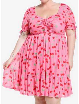 Sweet Society Cherries Pink Puff Sleeve Dress Plus Size, , hi-res
