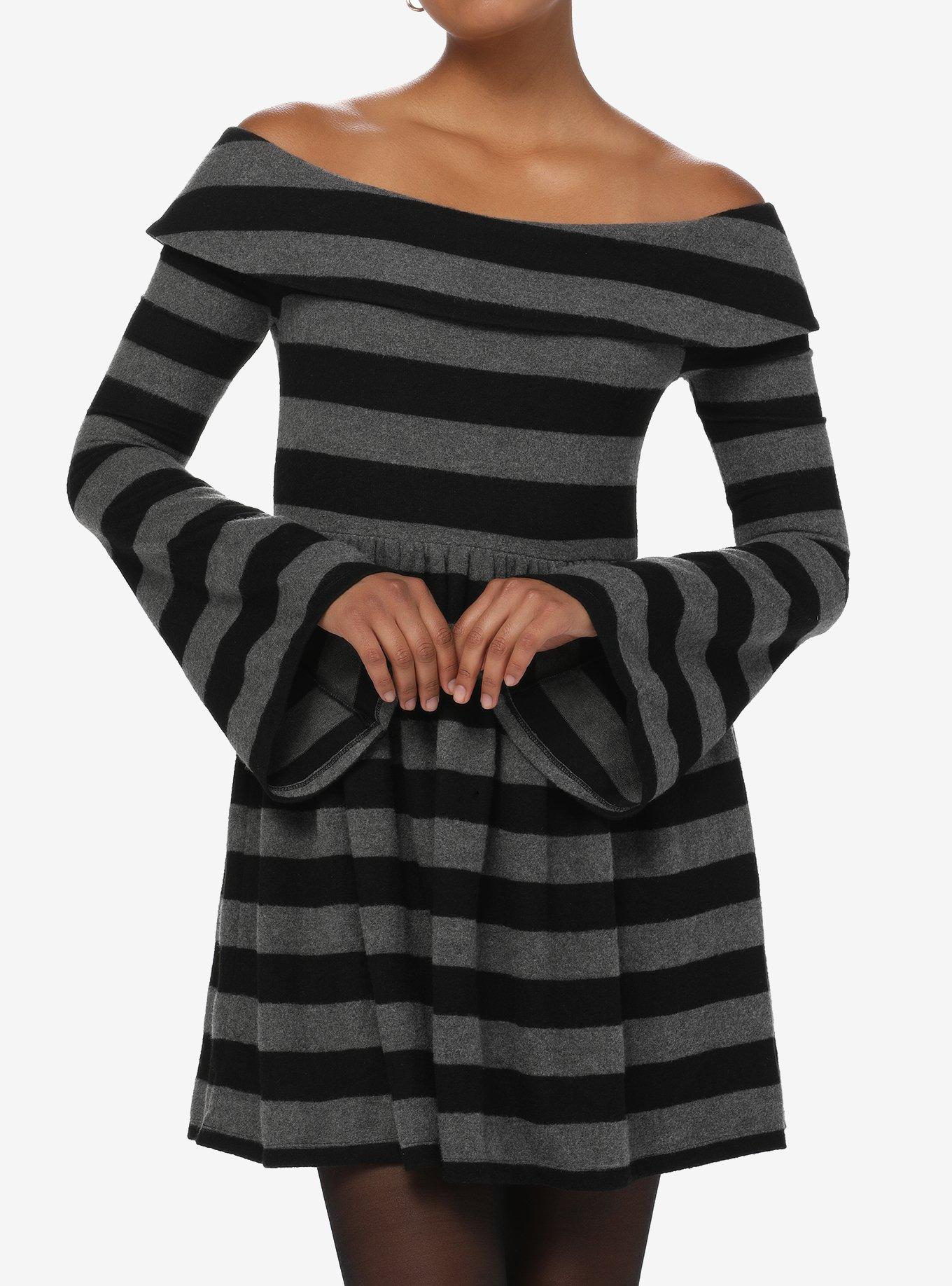 Social Collision Striped Off-The-Shoulder Long-Sleeve Dress, STRIPES-GREY, hi-res