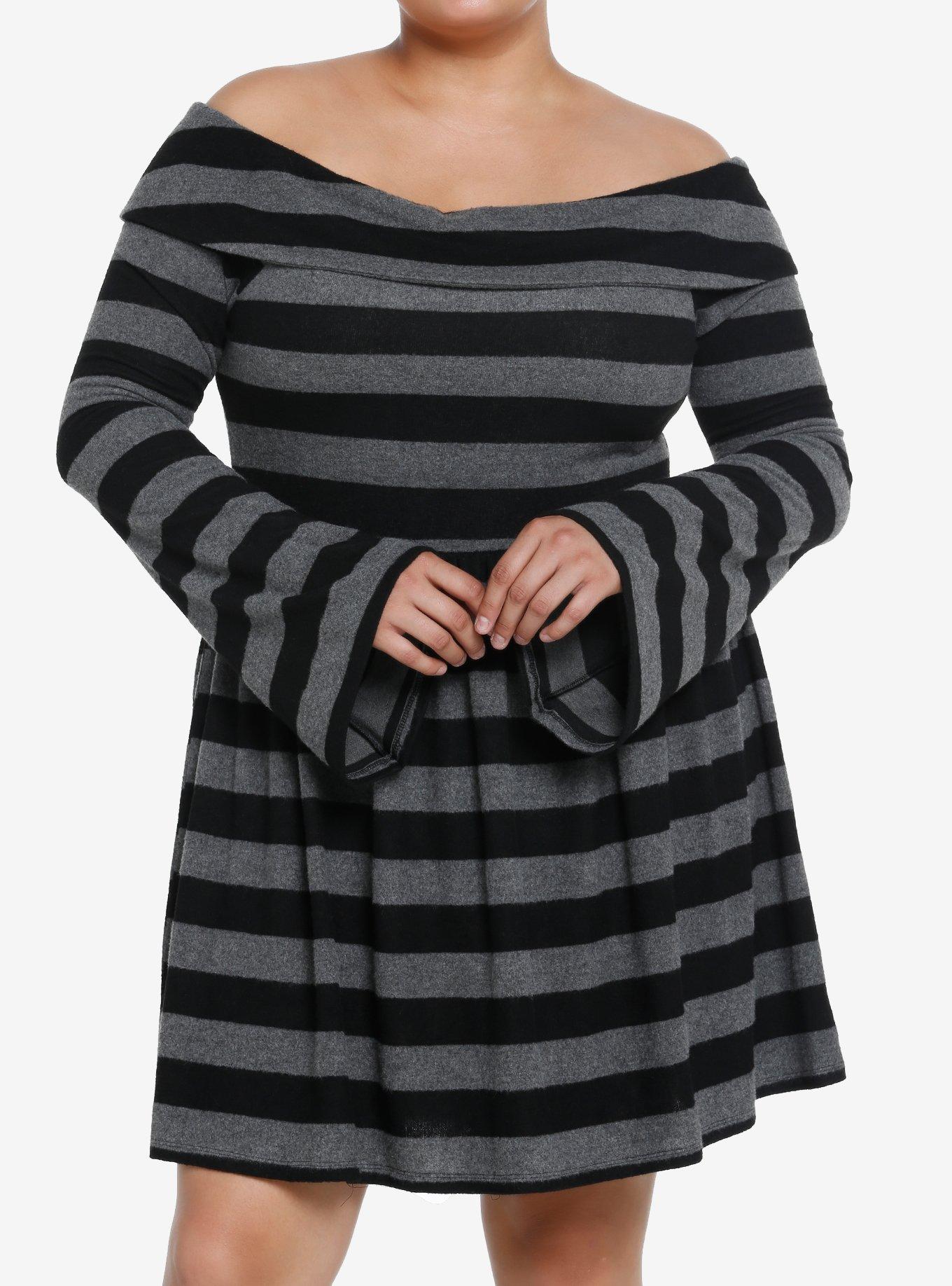 Social Collision Striped Off Shoulder Long-Sleeve Dress Plus