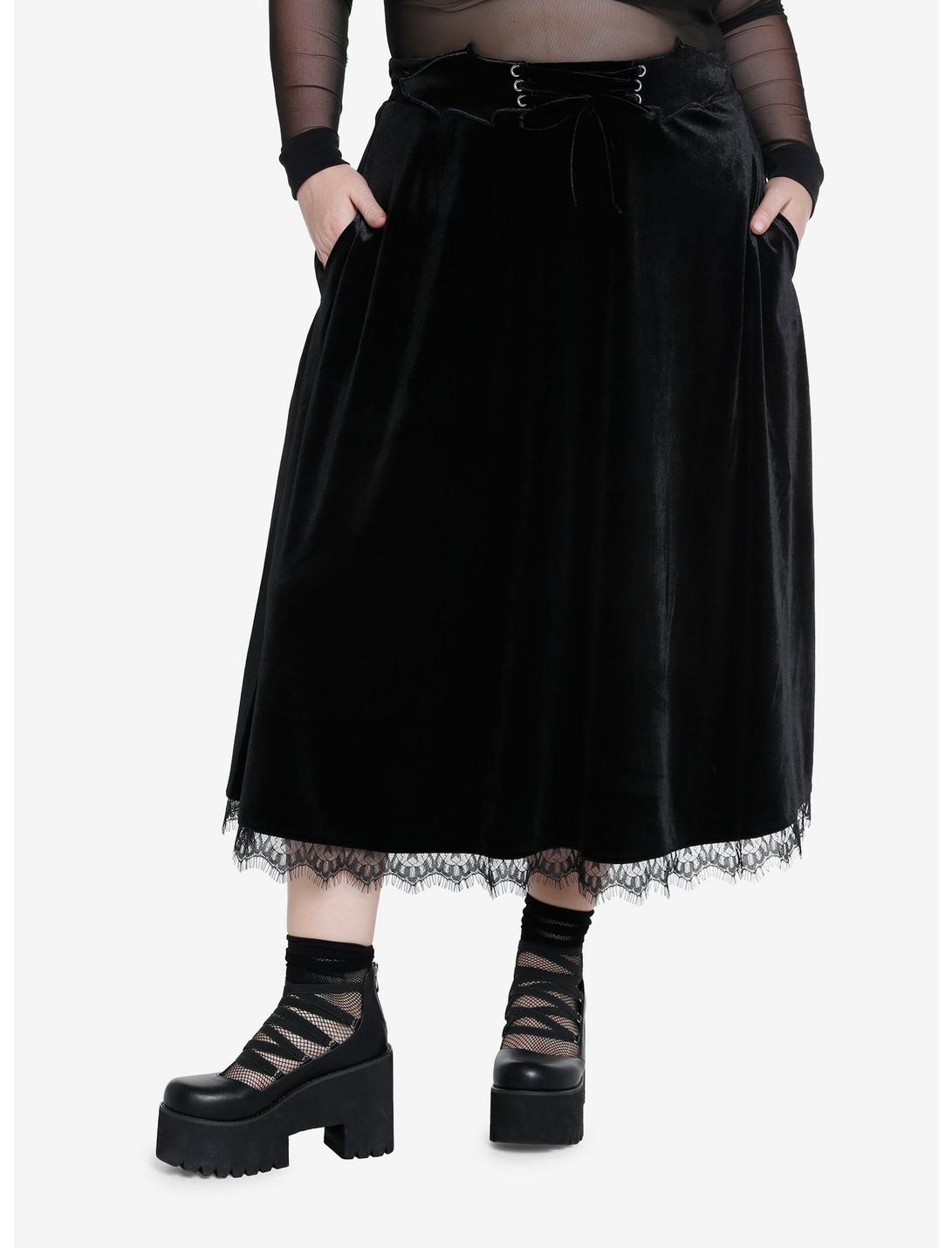 Cosmic Aura Black Bat Velvet Midi Skirt Plus Size, BLACK, hi-res