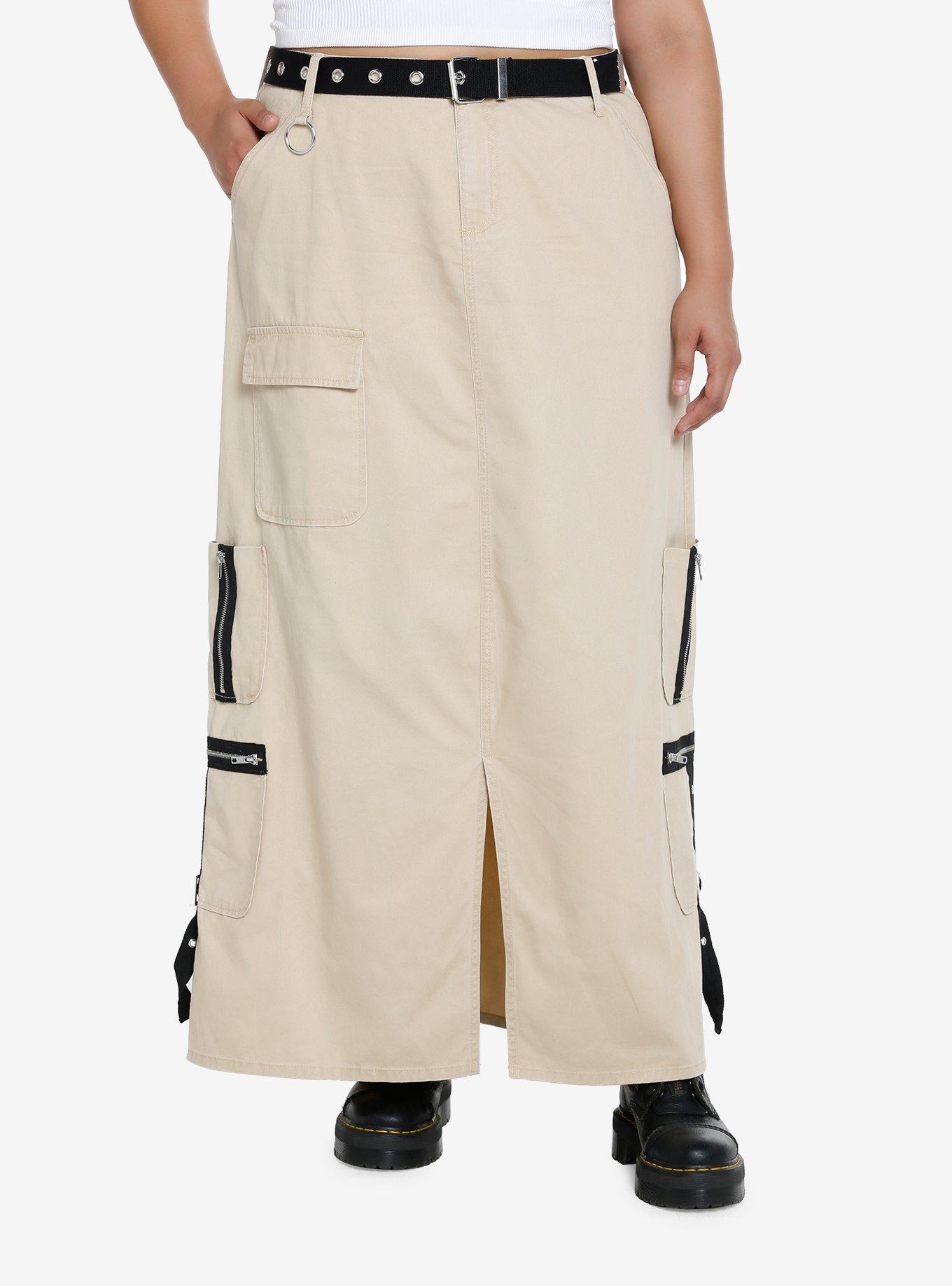 Social Collision Khaki Cargo Maxi Skirt Plus Size, , hi-res