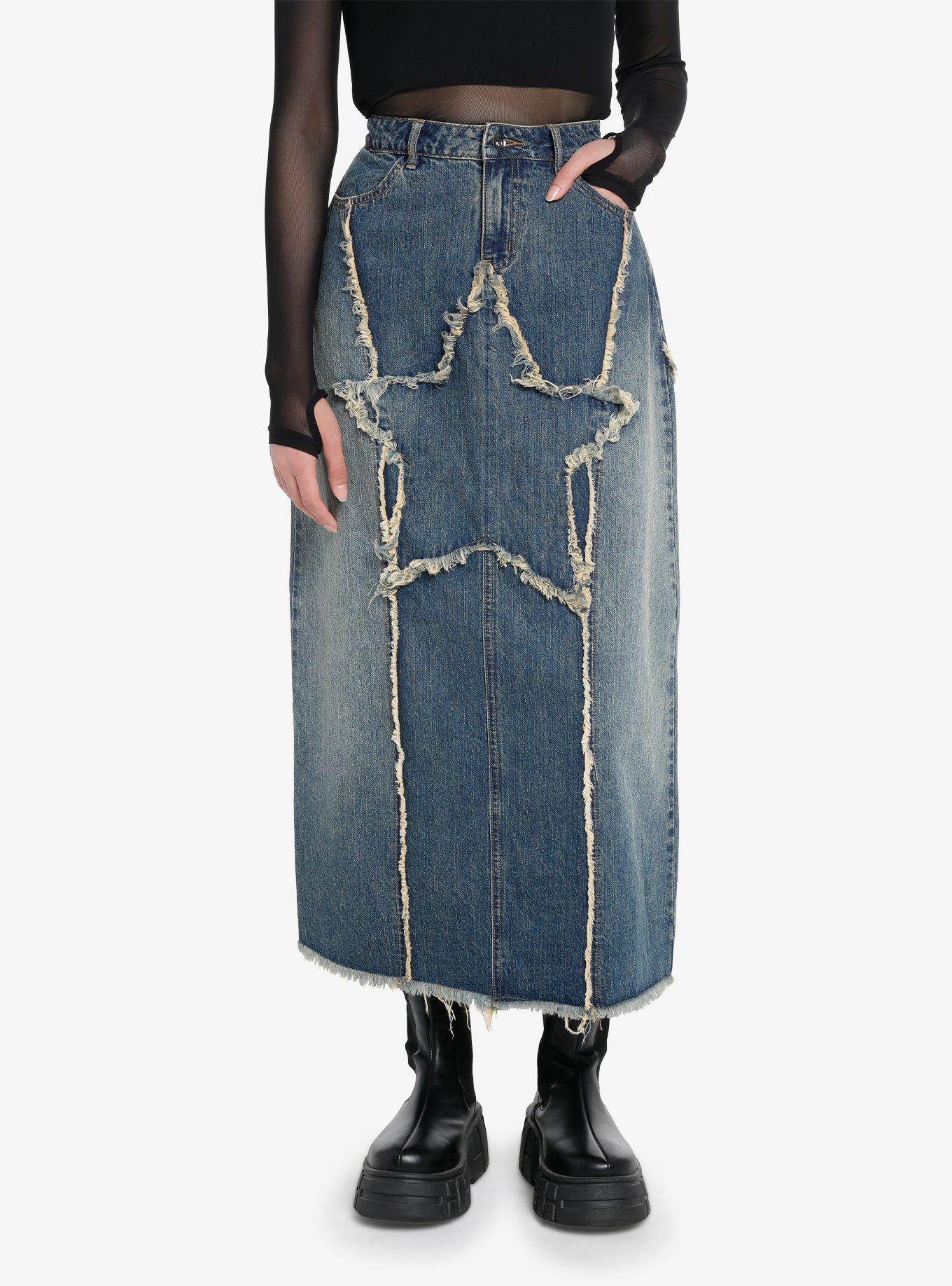 Social Collision Frayed Star Denim Maxi Skirt