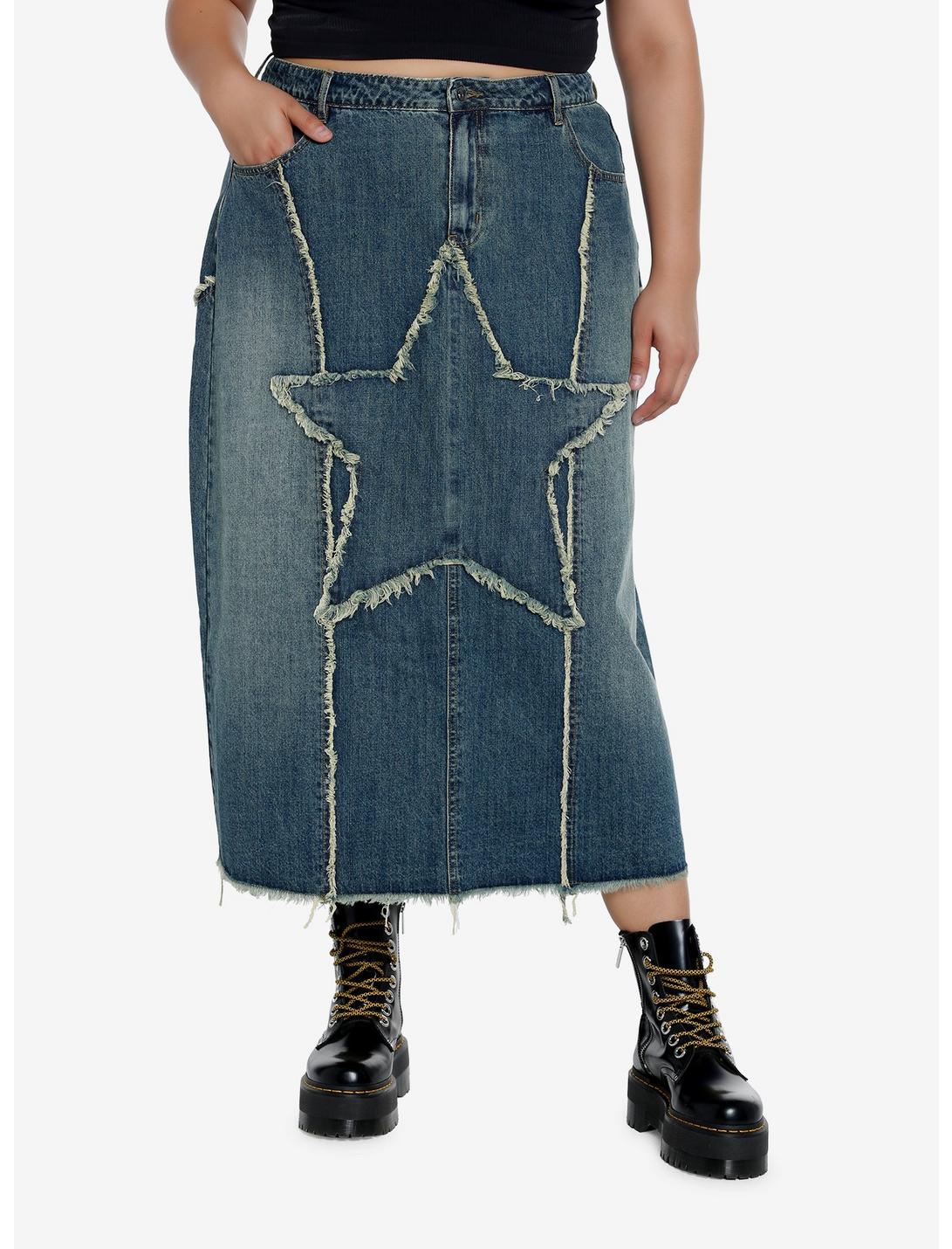 Social Collision Frayed Star Denim Maxi Skirt Plus Size, INDIGO, hi-res