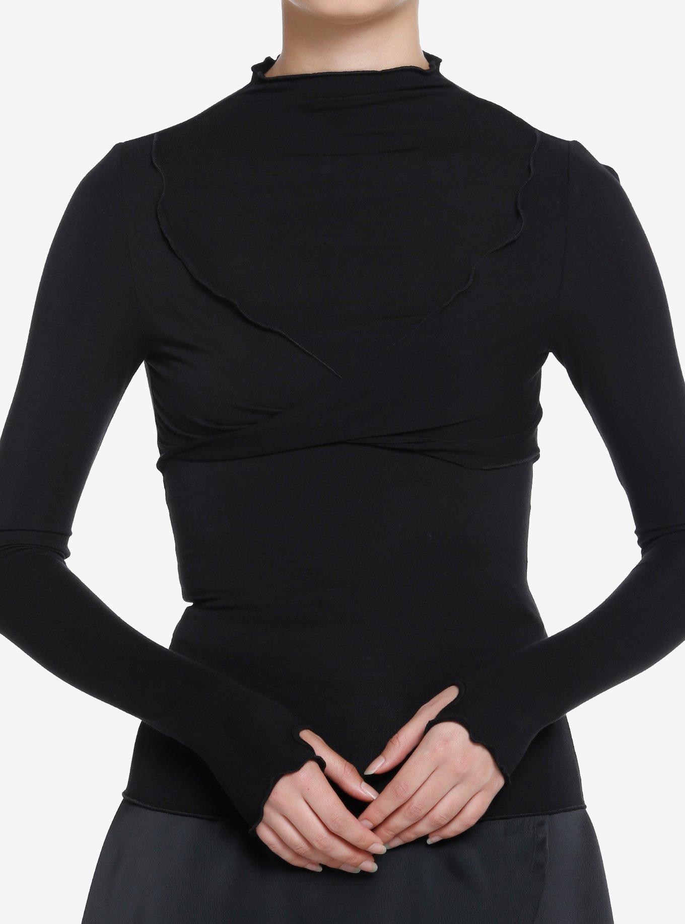 Black Lettuce Trim Twist Turtleneck Girls Long-Sleeve Top, BLACK, hi-res