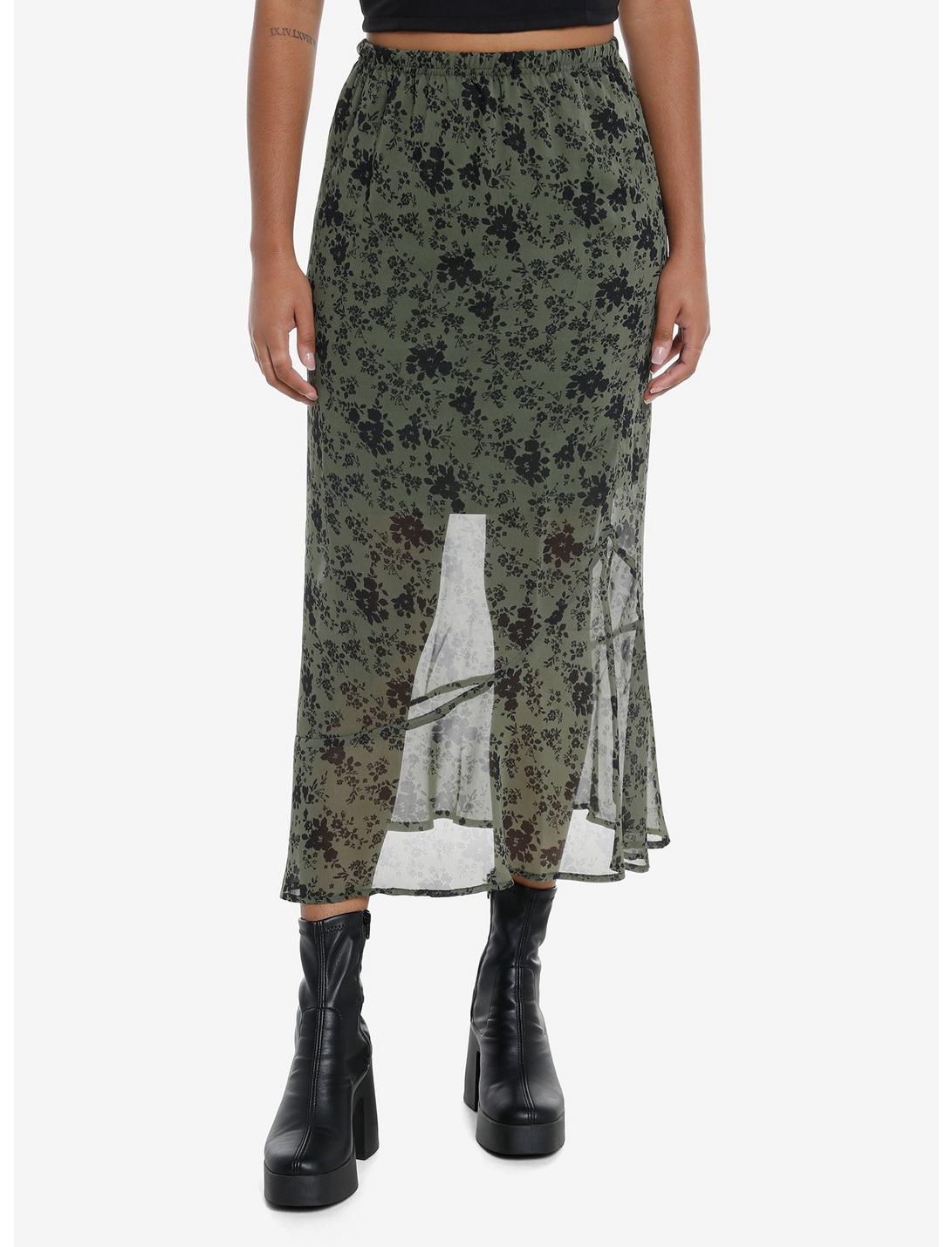 Social Collision Olive Floral Mesh Midi Skirt | Hot Topic