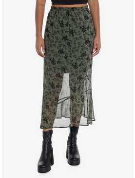 Social Collision Olive Floral Mesh Midi Skirt, , hi-res
