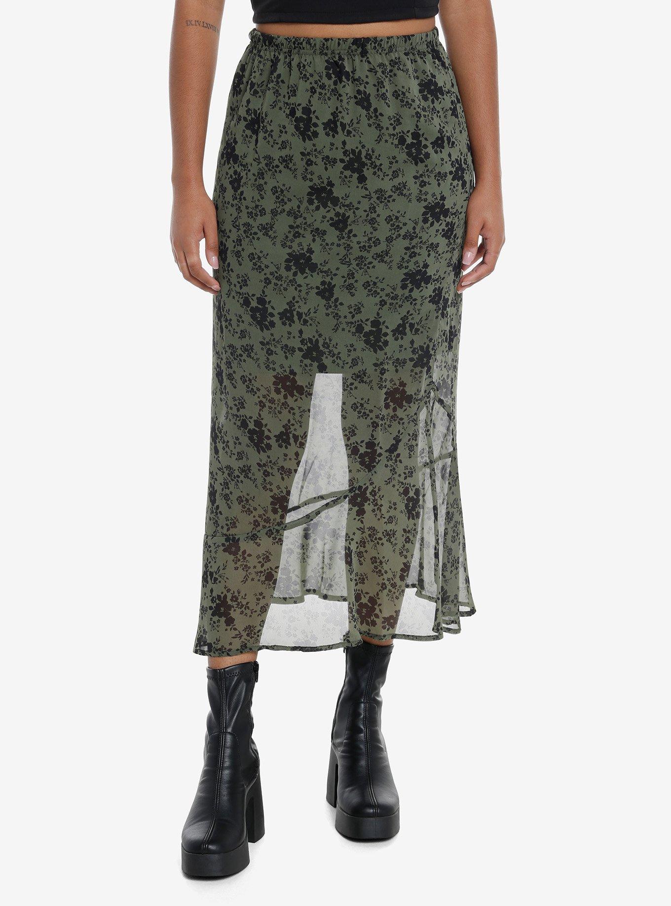 Thorn & Fable Olive Floral Mesh Midi Skirt, OLIVE, hi-res