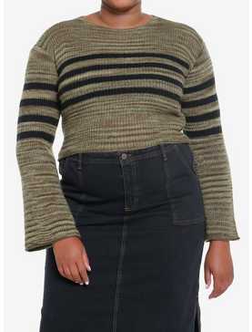Social Collision Green & Black Stripe Bell Sleeve Sweater Plus Size, , hi-res