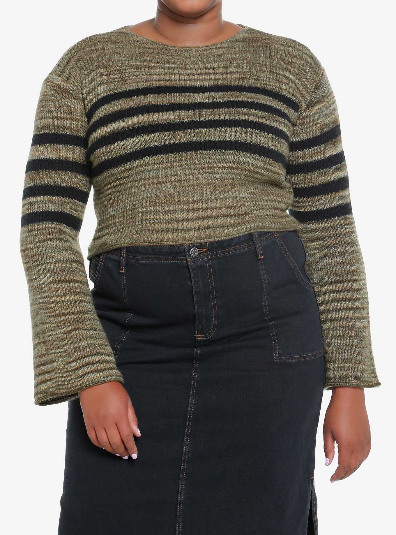 Social Collision Green & Black Stripe Bell Sleeve Sweater Plus Size, , hi-res