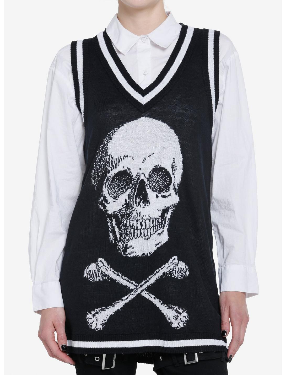 Social Collision Skull & Crossbones Girls Oversized Sweater Vest, BLACK, hi-res