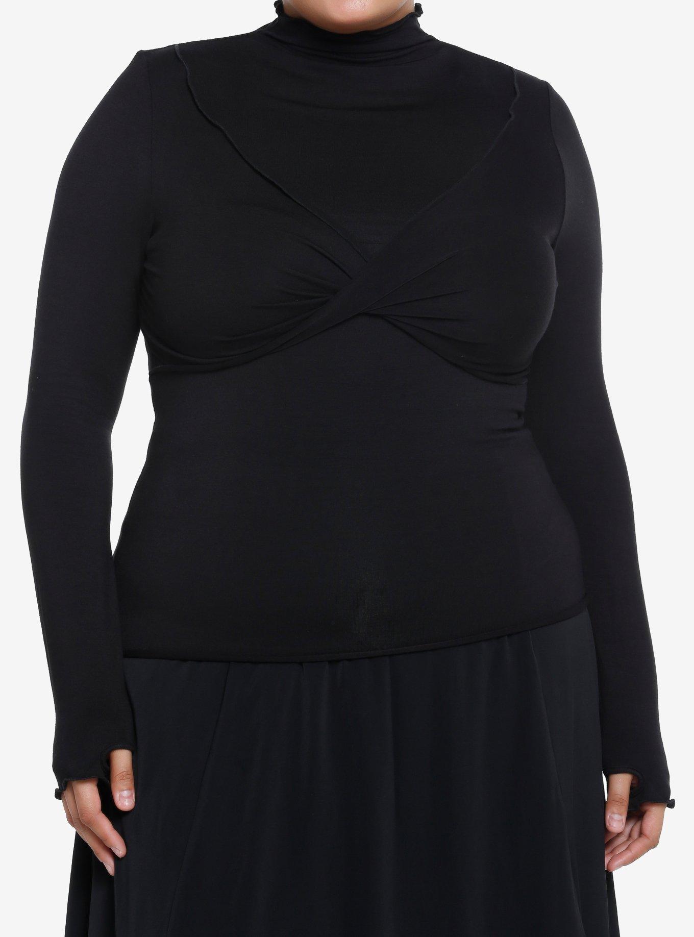 Black Lettuce Trim Twist Turtleneck Girls Long-Sleeve Top Plus Size, , hi-res