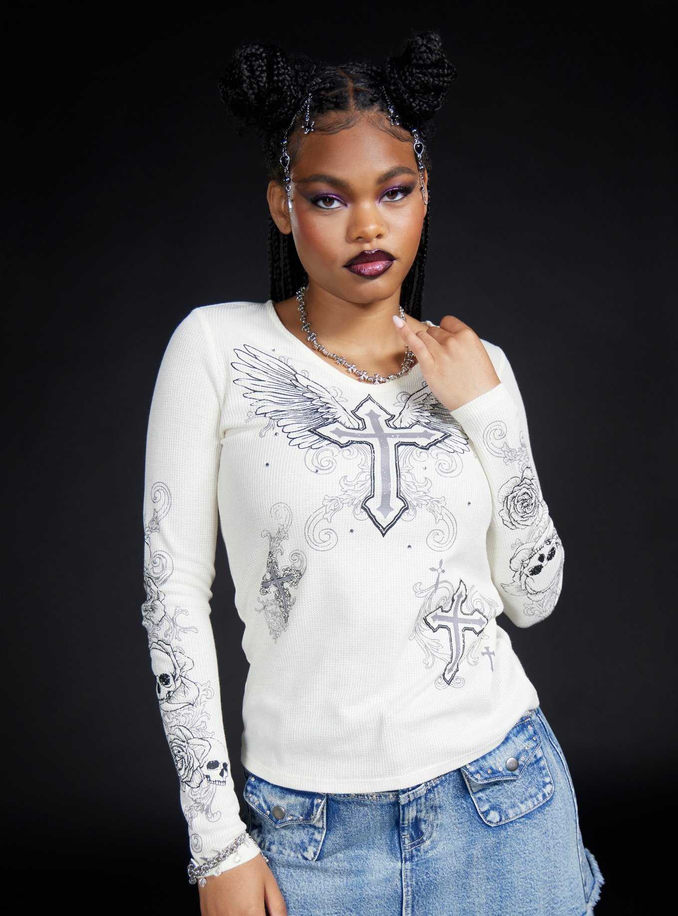 Social Collision Angel Wings Cross Girls Long-Sleeve T-Shirt, , hi-res