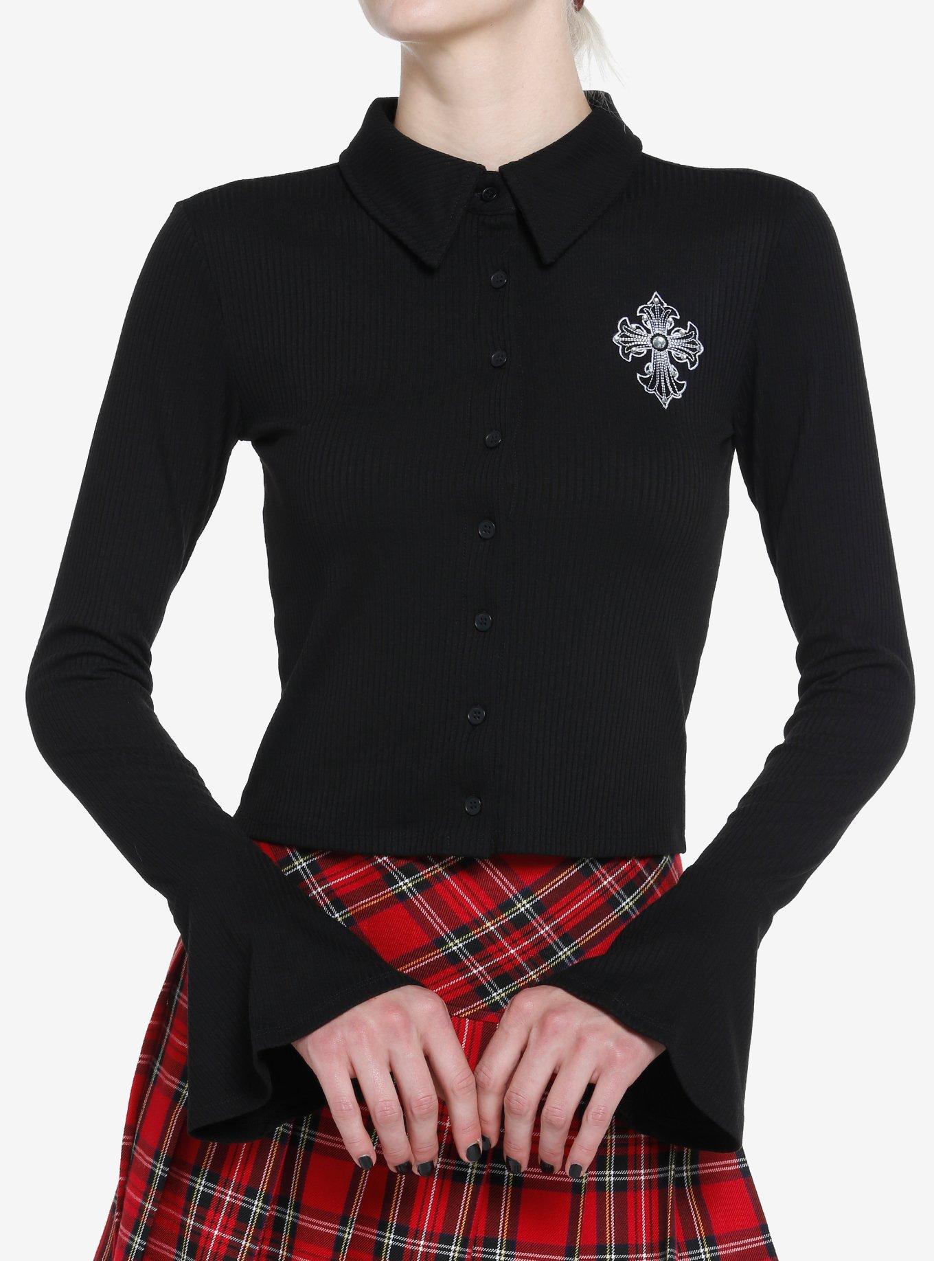 Cosmic Aura Gothic Cross Bell Sleeve Girls Button-Up Top, BLACK, hi-res