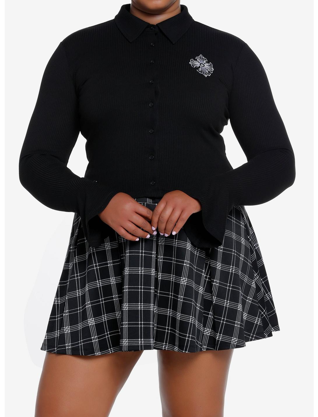 Cosmic Aura Gothic Cross Bell-Sleeve Girls Button-Up  Top Plus Size, BLACK, hi-res