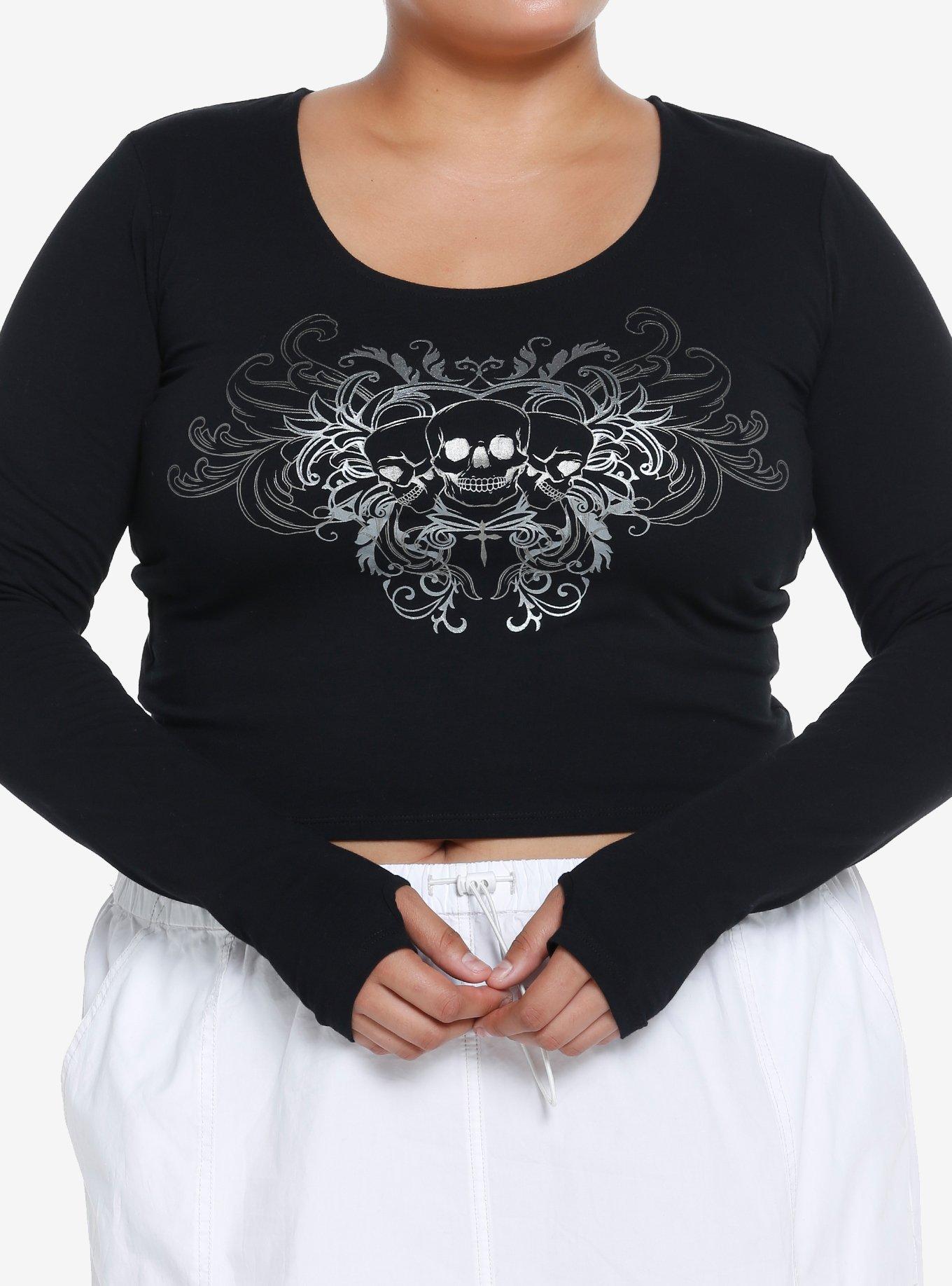 Social Collision Skull & Filigree Crop Girls Long-Sleeve Top Plus Size, SKULL, hi-res