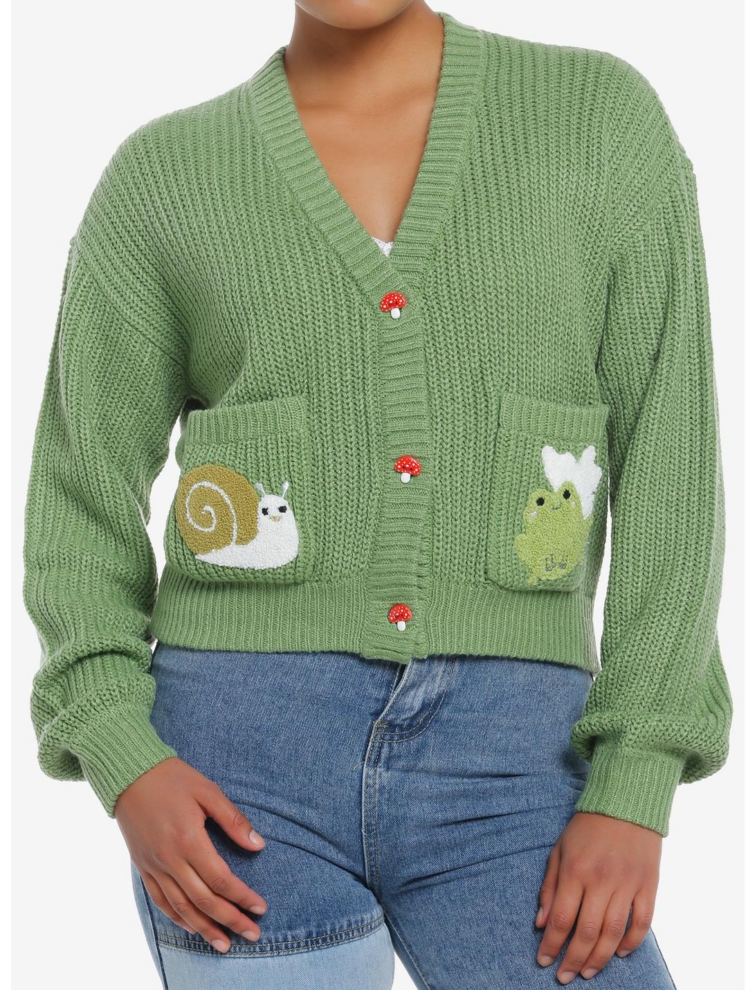 Thorn & Fable Frog & Snail Girls Crop Cardigan, GREEN, hi-res