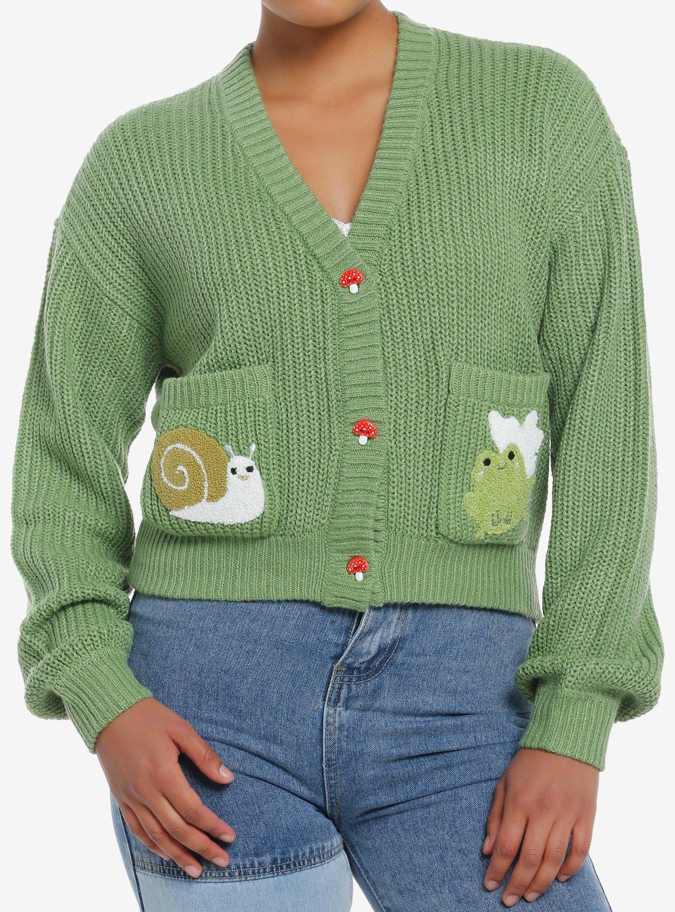 Thorn & Fable Frog & Snail Girls Crop Cardigan, GREEN, hi-res