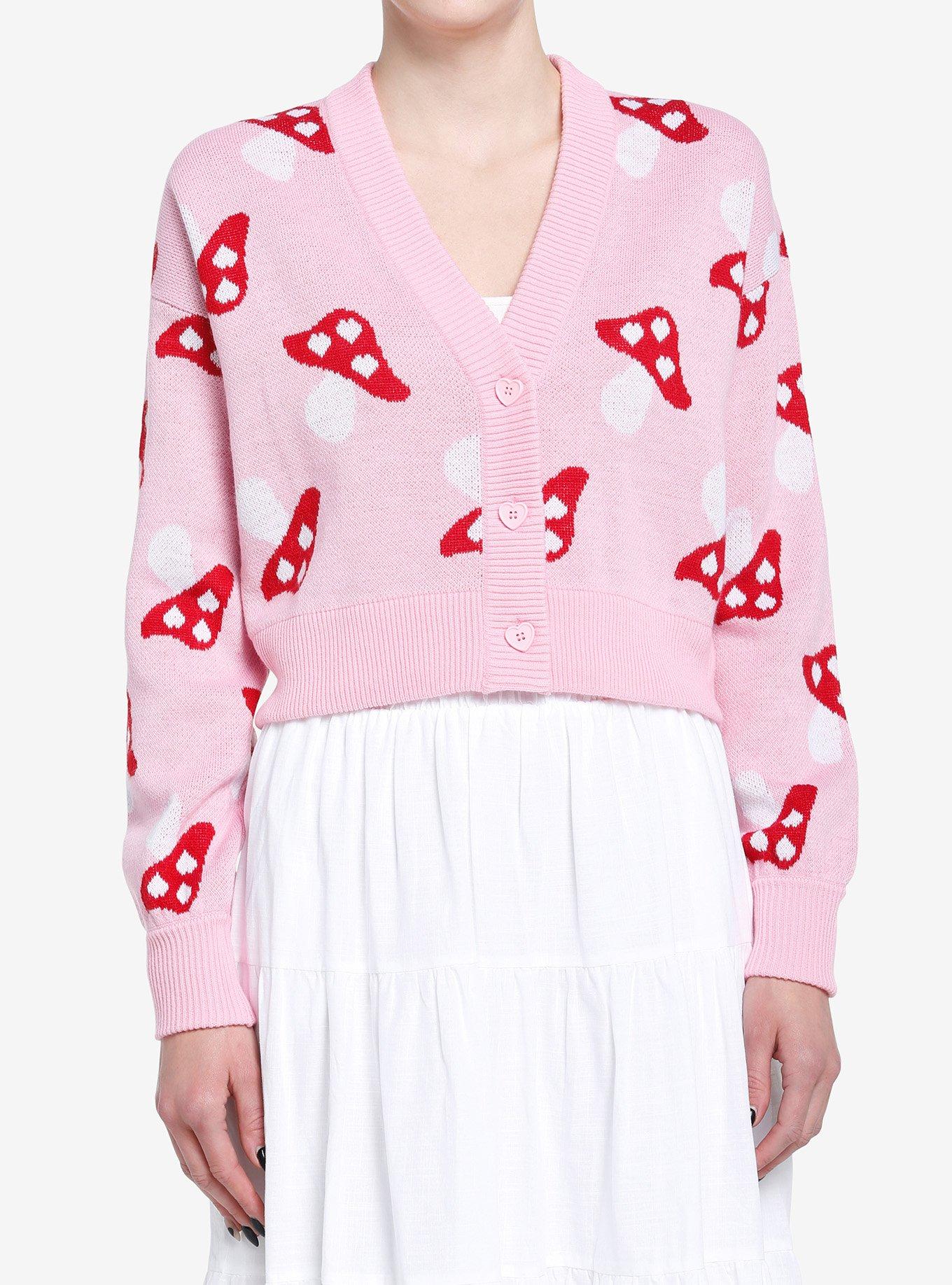 Thorn & Fable Heart Mushroom Girls Crop Cardigan, PINK, hi-res