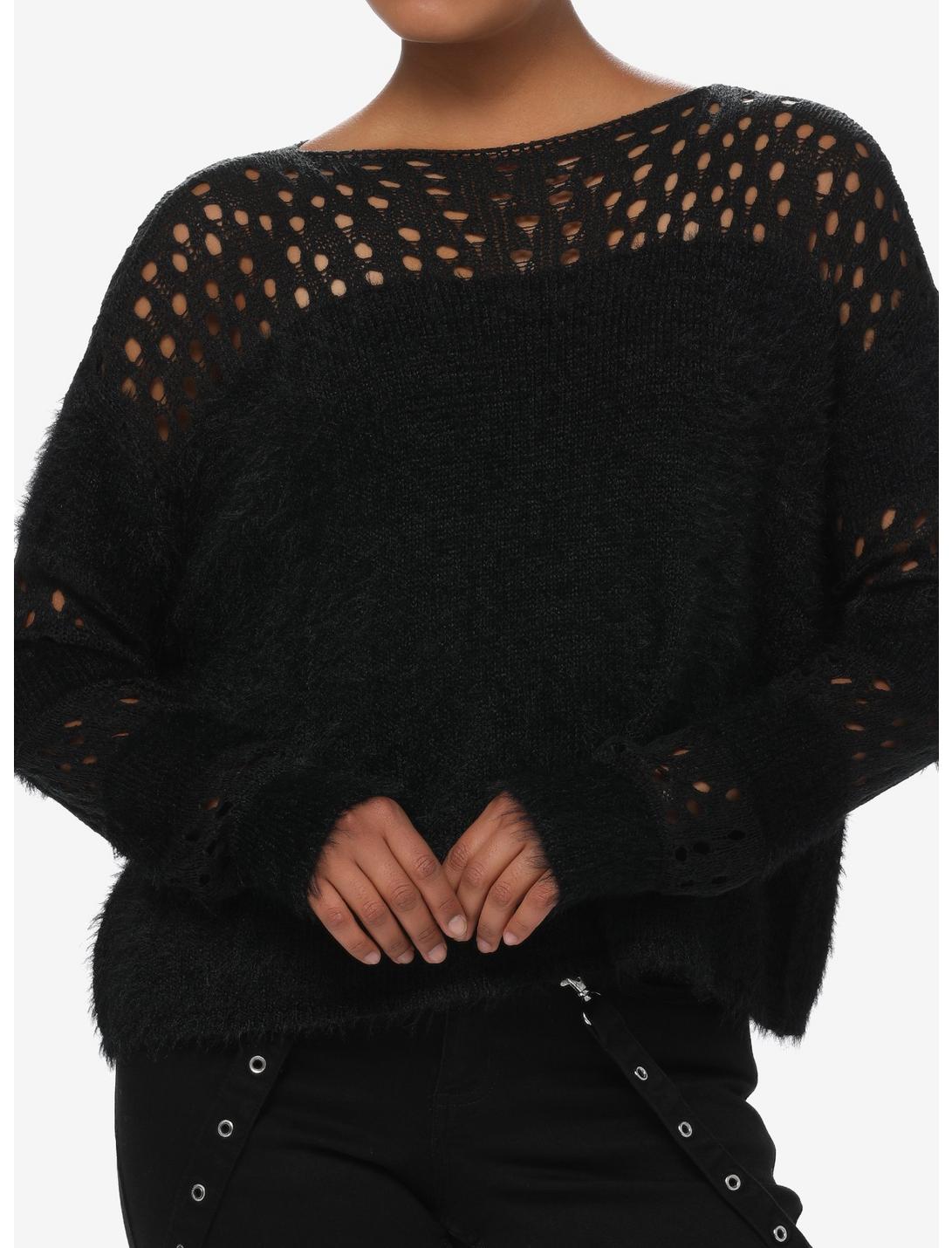 Social Collision Fuzzy Black Striped Fishnet Girls Knit Sweater, BLACK, hi-res