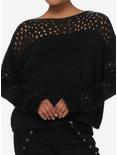 Social Collision Fuzzy Black Striped Fishnet Girls Knit Sweater, BLACK, hi-res