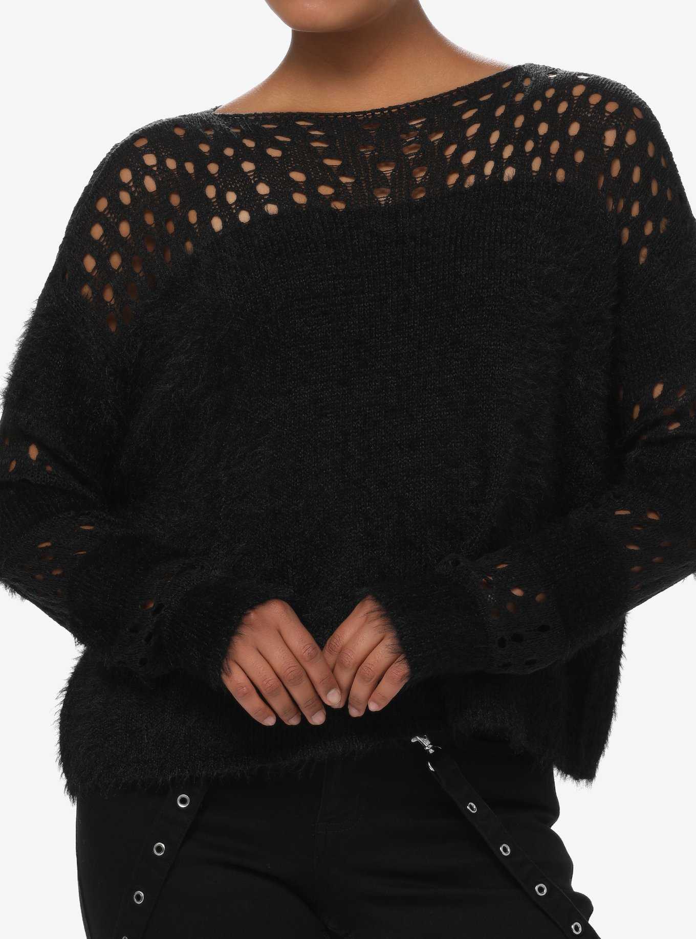 Social Collision Fuzzy Black Striped Fishnet Girls Knit Sweater, , hi-res